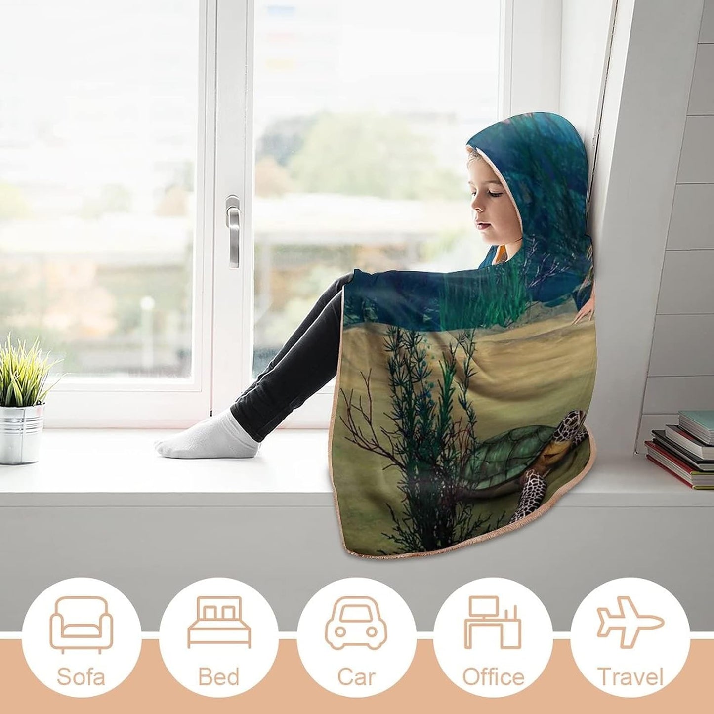 Throw Blankets, Ocean Women Men Hooded Blanket, Digital Render of Cute Girl Turtle Fantasy, Soft Warm Cozy, 40 x 50inches, Studying Reading Snuggling Napping Office, Multicolor