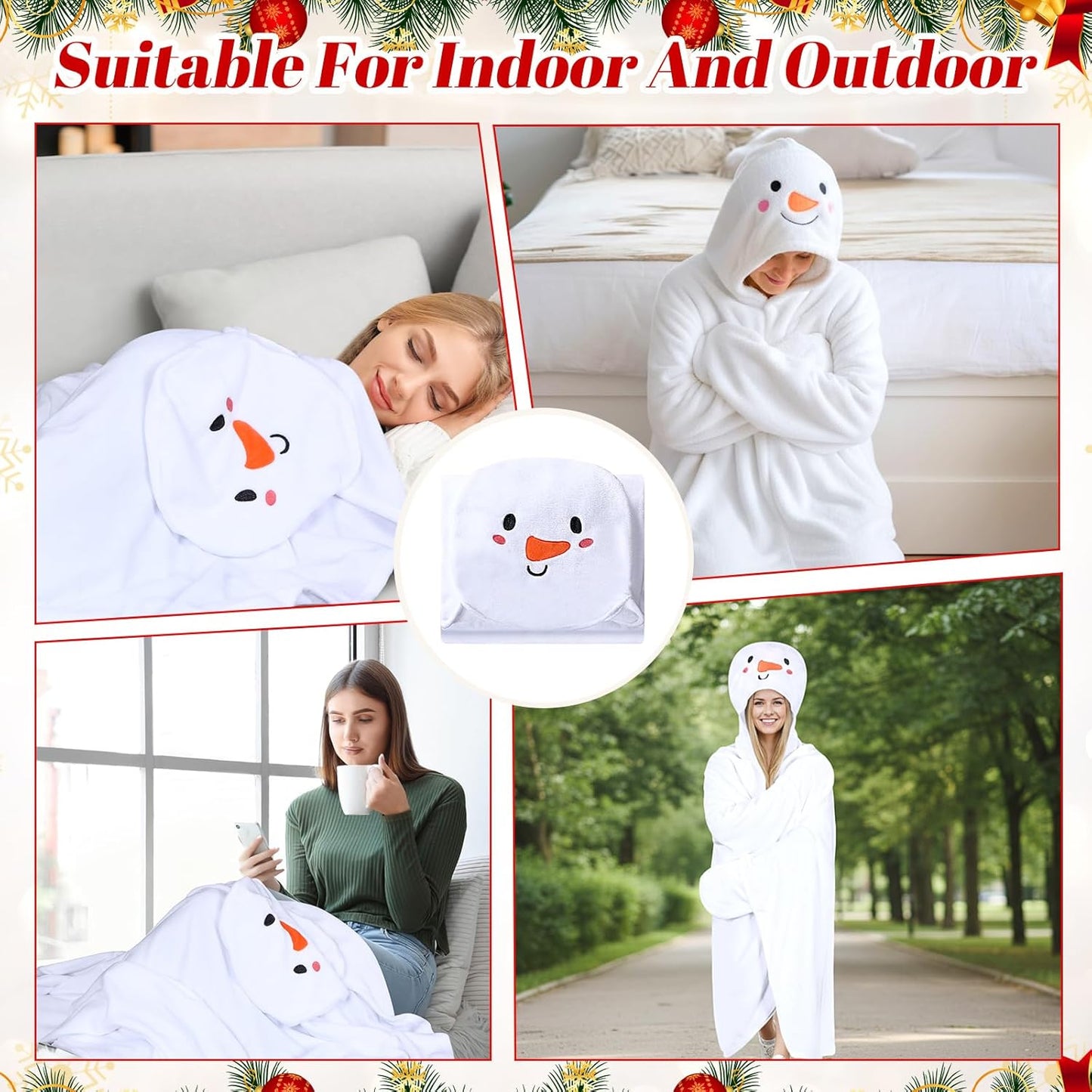 Peryiter Snowman Hooded Blanket for Adult: Soft Plush Wearable Cozy Blanket Throw Winter Snowman Gift for Women Men Christmas