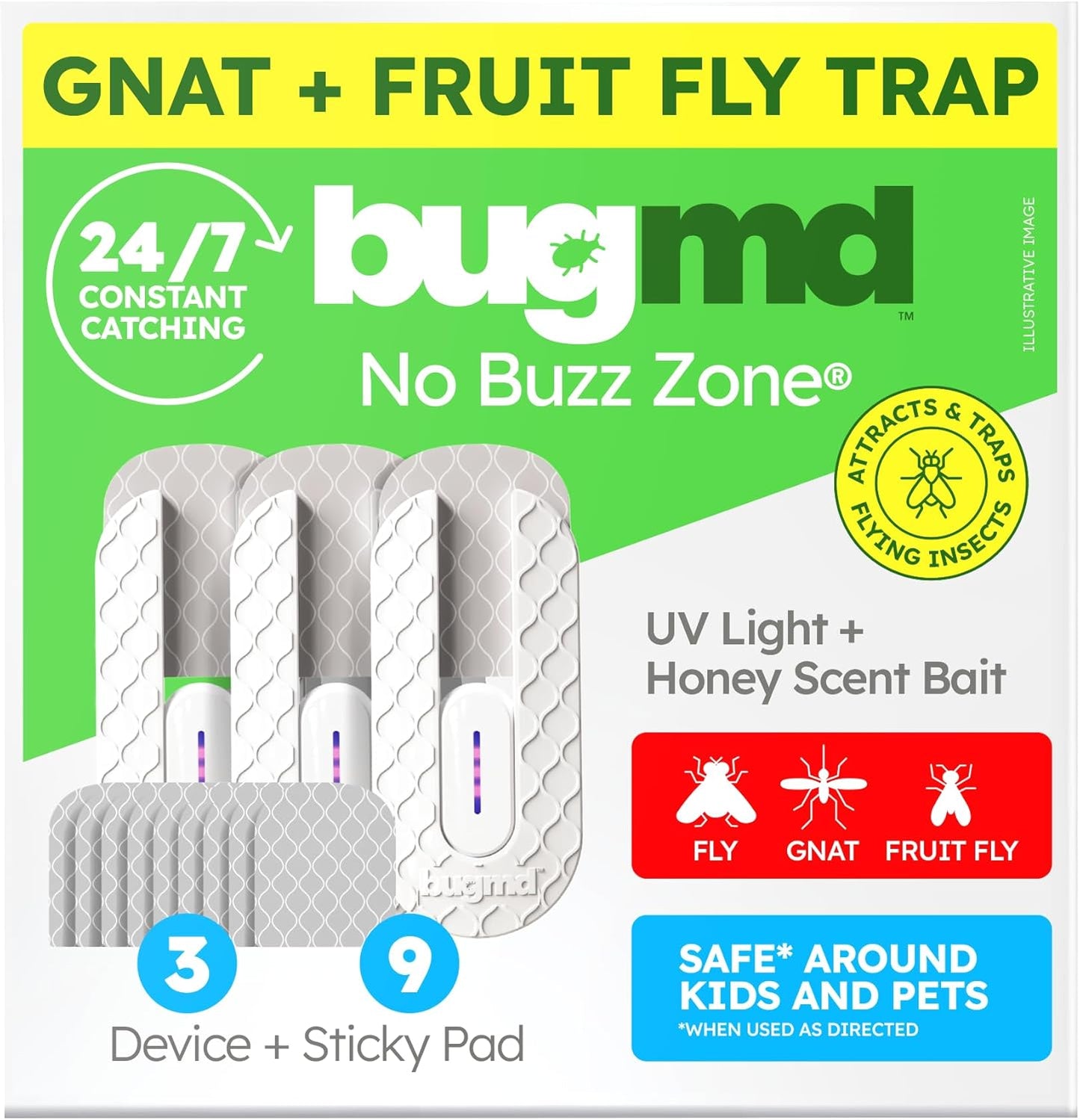 BugMD No Buzz Zone - Flying Insect Trap Catcher Indoor Fly Safer Home Fruit Traps for Gnat Moth Mosquito Bug Light Plug in Killer Refillable Uv Zapper Flea Inside and Indoors 3 Device + 9 Refill
