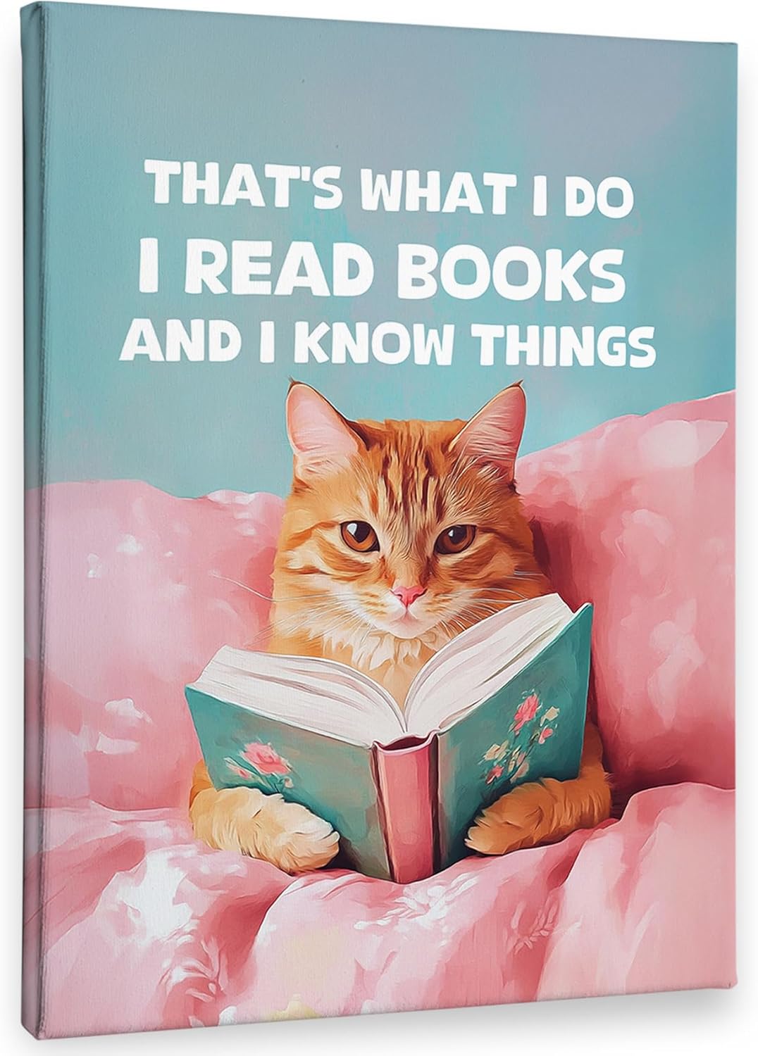 PHAMTE Funny Cat Reading Book Wall Art Decor Canvas 11x14, Orange Cat Bookworm Book Club Pictures Decorations, Bookish Pink Aesthetic Framed Prints Artwork for Reading Room Corner Nook Library Decor