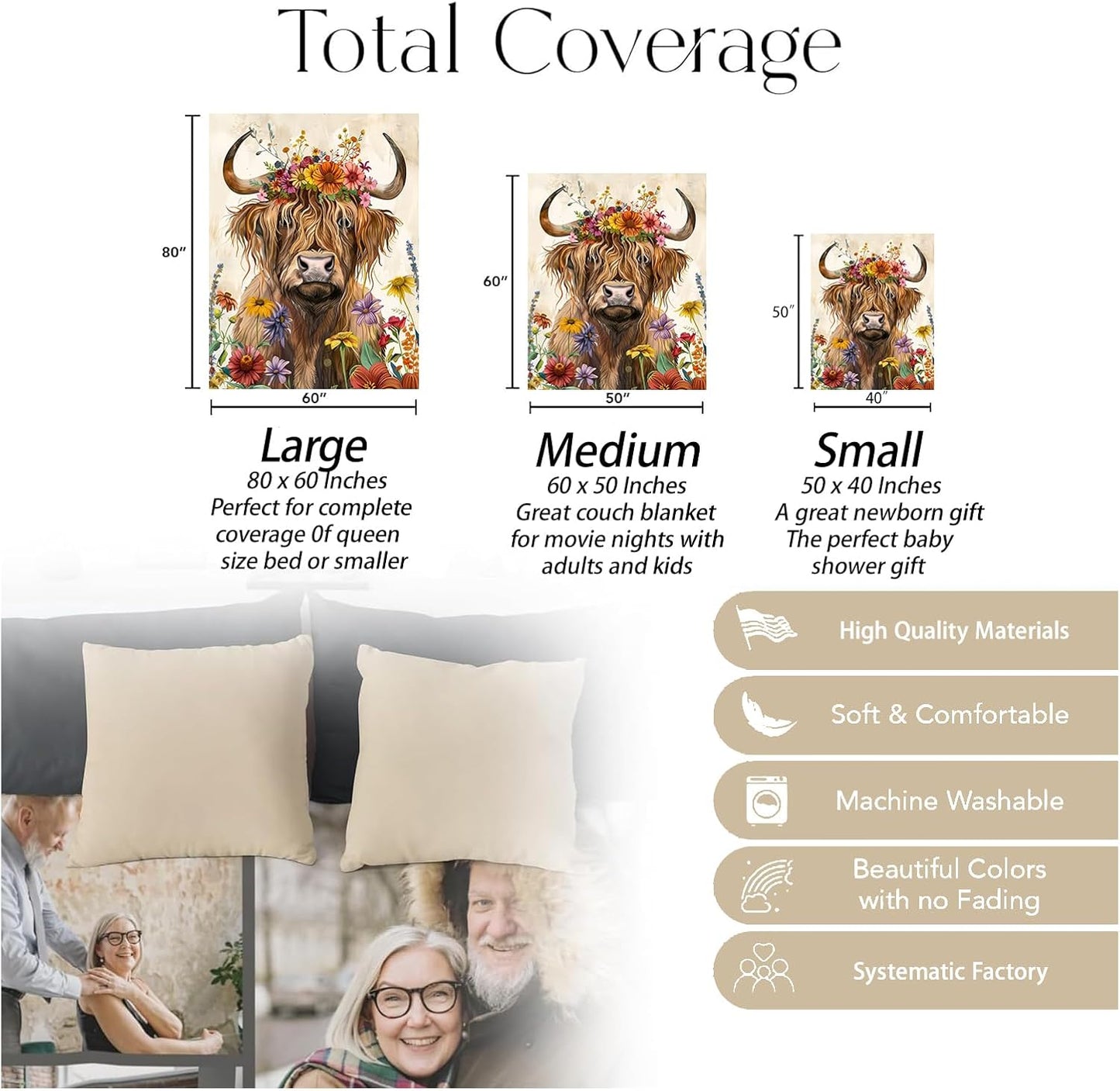 Floral Crown Highland Cow Blanket, Soft Warm Cozy Farm Animal Throw Blanket Gifts for Adults Kids Women, Lightweight Fuzzy Comfy Flannel Blankets for Couch, Travel, Bed, House Decor 60×50 Inch