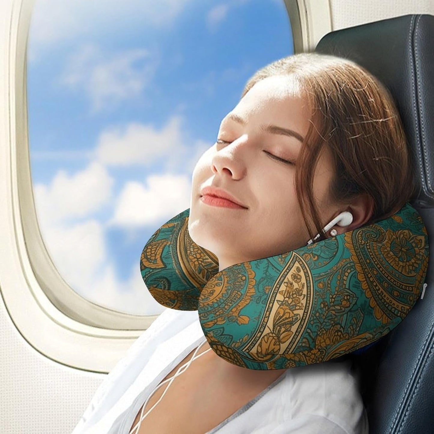 Yellow Paisley Pattern Neck Pillow Memory Foam U Shaped Pillows Portable Pillows for Shoulder Travel Head Support Pillow with Concealed Zipper for Airplane Car Home Office
