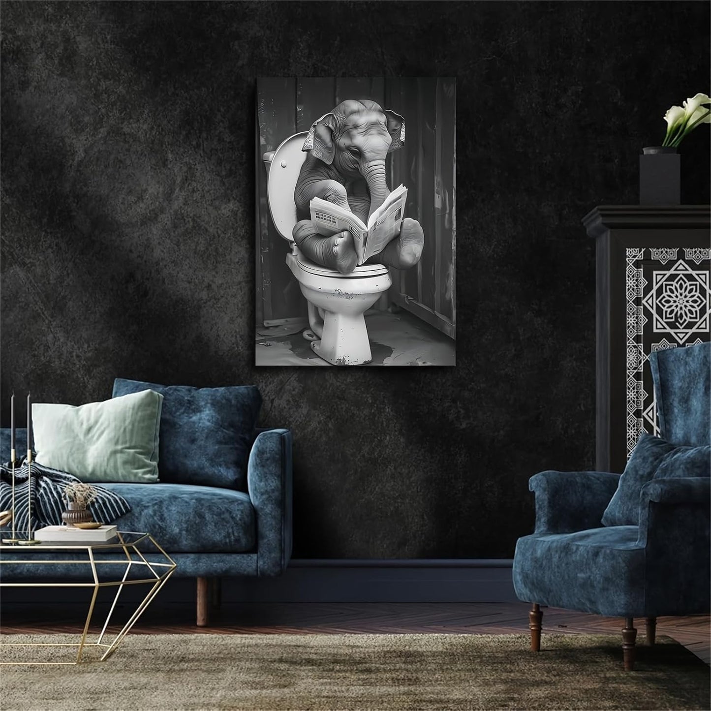Elephant Reading Newspaper in Toilet Canvas Wall Prints poster Modern Home Aesthetic Decor Wall art for Bedroom Dorm (16x24inch Unframe)