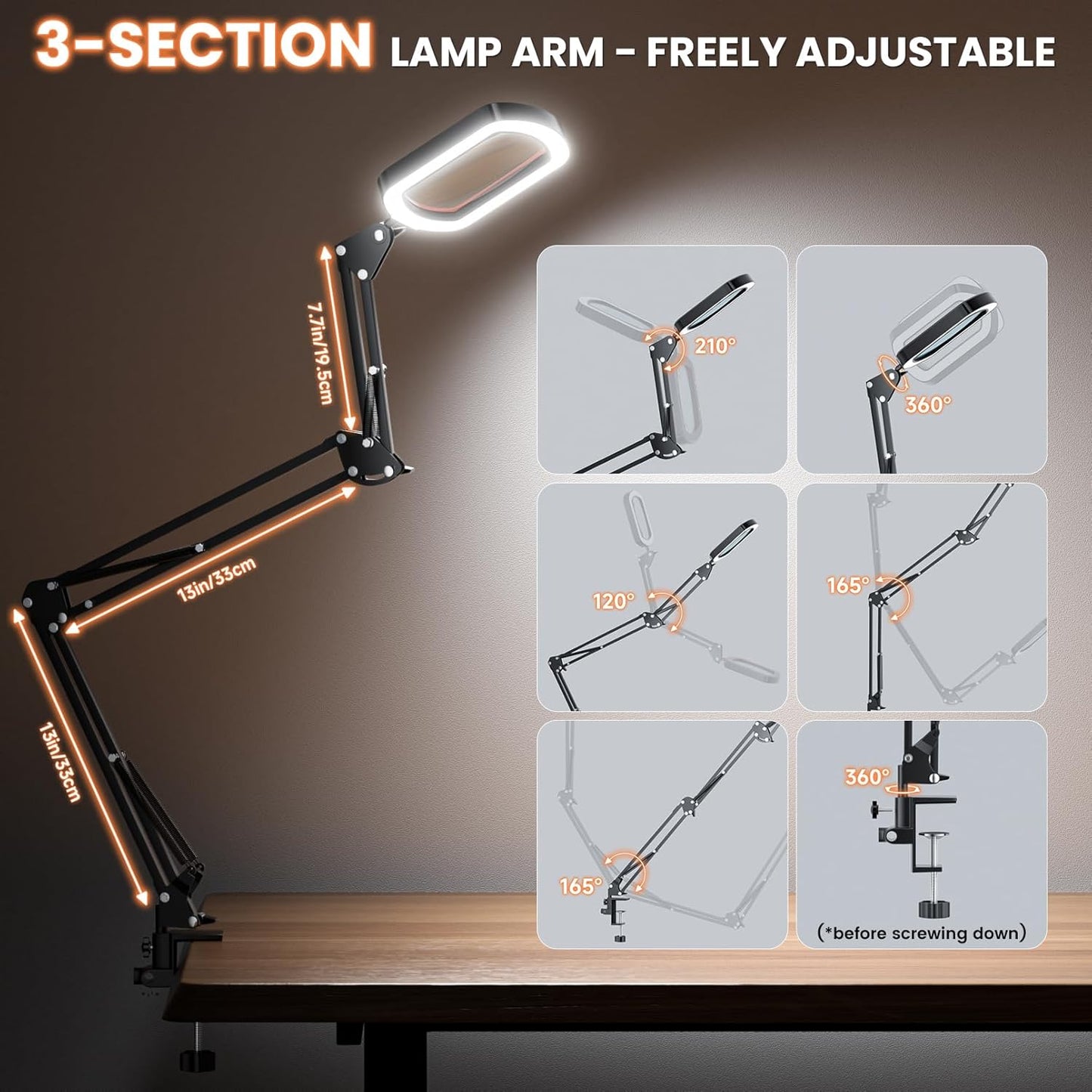 10X Rectangle Magnifying Glass with Light, 3 Arms 5 Color Modes Large Magnifying Glasses with Clamp, Lighted Desk Lamp Magnifier Hands Free for Crafts Jeweller Repair Painting Close Work Hobbies