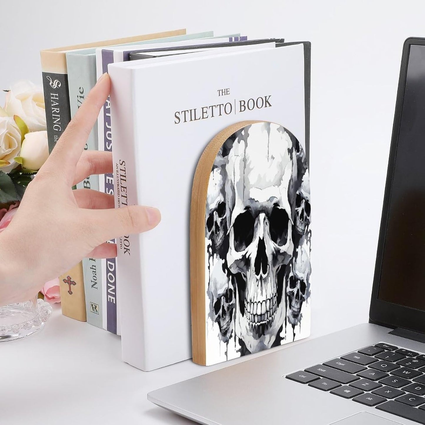 White and Gray Skull Graphics Bookend for Shelves Wooden Book End Large Size Sturdy Book Holders Stoppers with Metal Base for Bookshelves Slick Decorative Bookends Stands