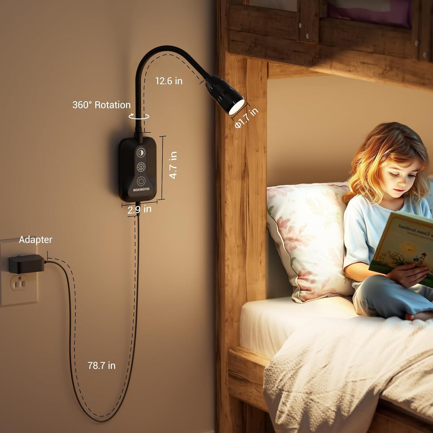 Wall Mounted Reading Light for Bed, Headboard Light with 360° Flexible Arm, Hand Wave Sensor, Focused 60° Beam, 5 Color Temperatures, Stepless Dimming, Memory Function, USB-C Output, Black 2 Pack