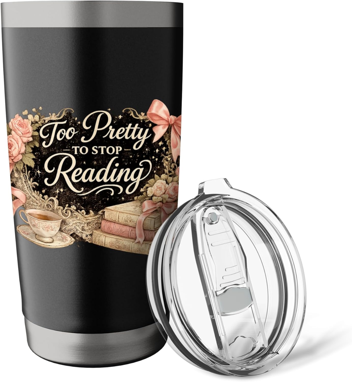 Too Pretty to Stop Reading Vintage Coquette Book Lover Bow Stainless Steel Insulated Tumbler