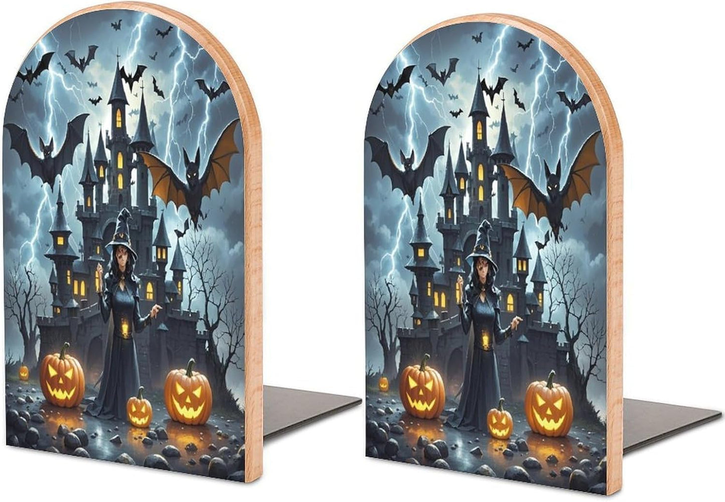 Witches Night Bookends 1 Pair Heavy Duty Book Ends for Shelves Non-Skid Bookend Supports Wooden Book Holders with Metal Base Desk Organizers Books Storage to Hold Books