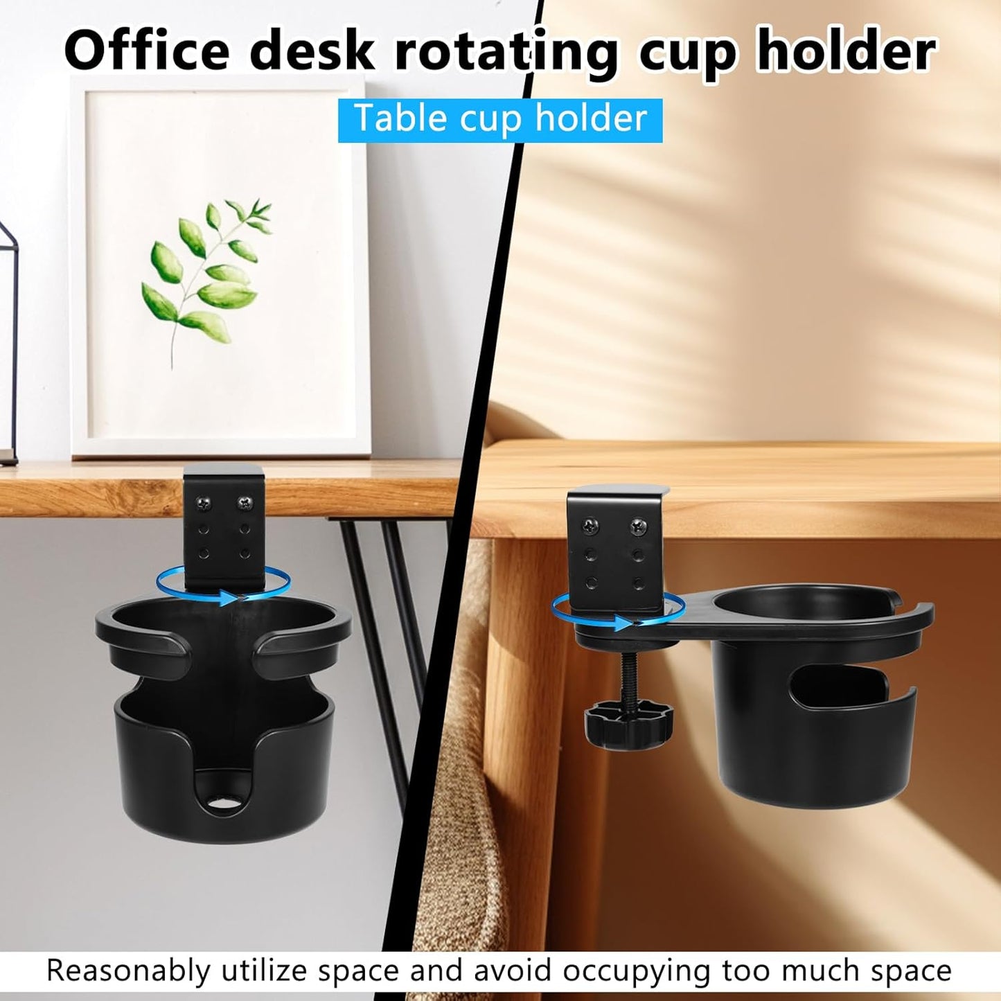3-Stage Adjustable Desk Cup Holder Clamp, 360° Rotating Anti-Spill Tray for Water Bottles & Mugs, Heavy-Duty Under Desk Organizer for Office, PC Gaming & School, Black