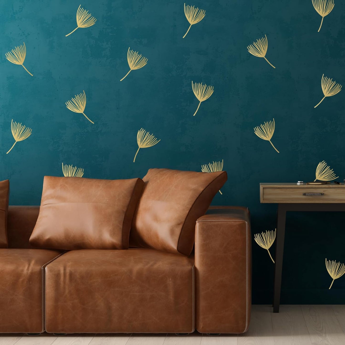 A Room with Metallic Gold Vinyl Flowers Wall Decals, Peel and Stick Modern Floral Dandelion Pappus Stickers for Bedroom Livingroom Home Wall Art Decor