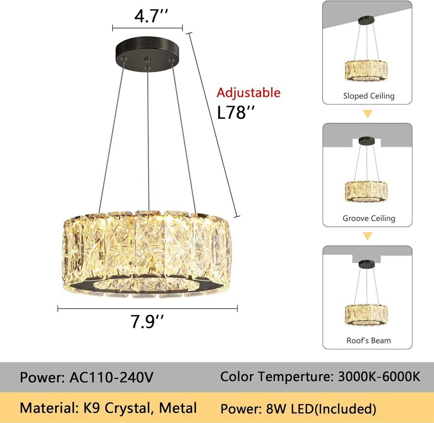Modern Crystal Chandelier 8W Dimmable LED Crystal Pendant Light Fixtures Height Adjustable Round Chandeliers for Dining Room Hallway Bedroom Black