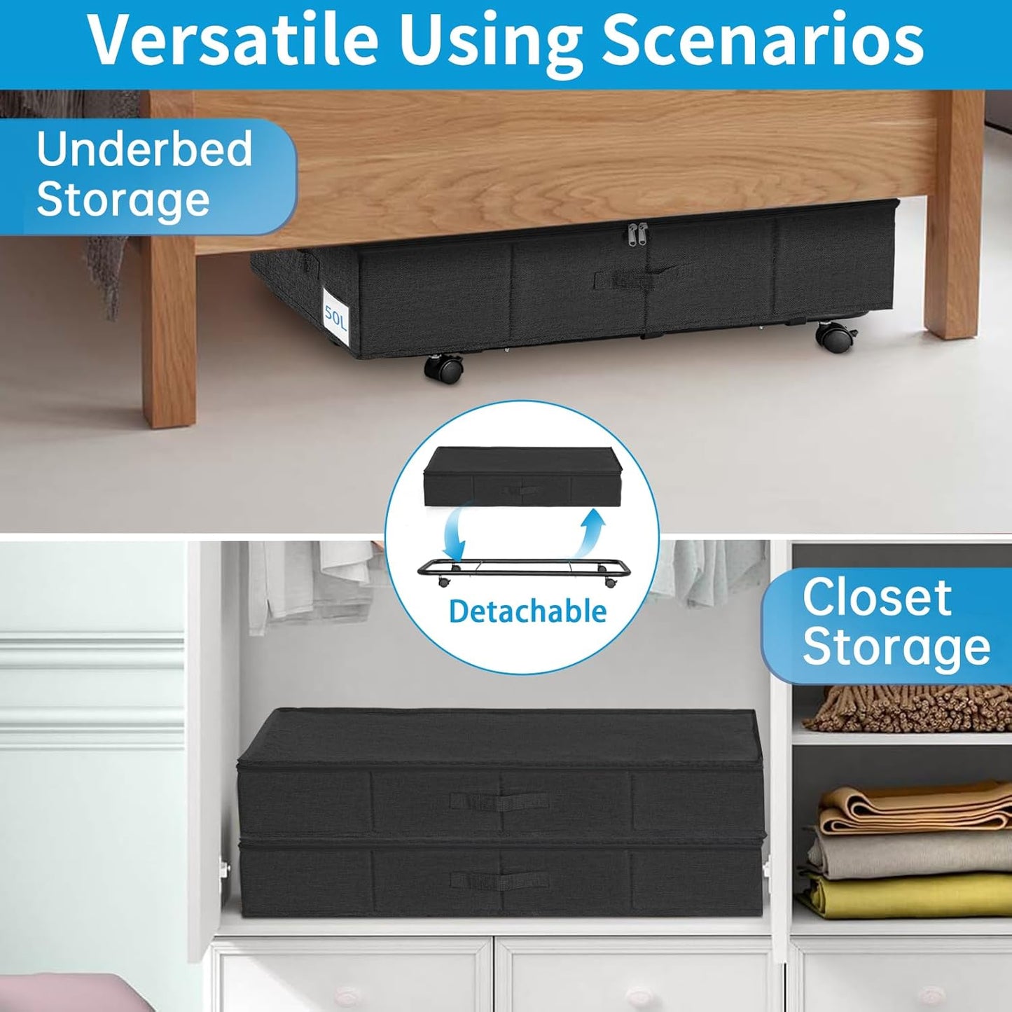 Under Bed Storage with Wheels & Lid, 2PCS Underbed Storage Container, 29.5 x 15.7 x 8.7 in Tall, Blankets Clothes Comforters Shoe Storage Bag Drawers, Rolling Zippered Organizer Bin -Black