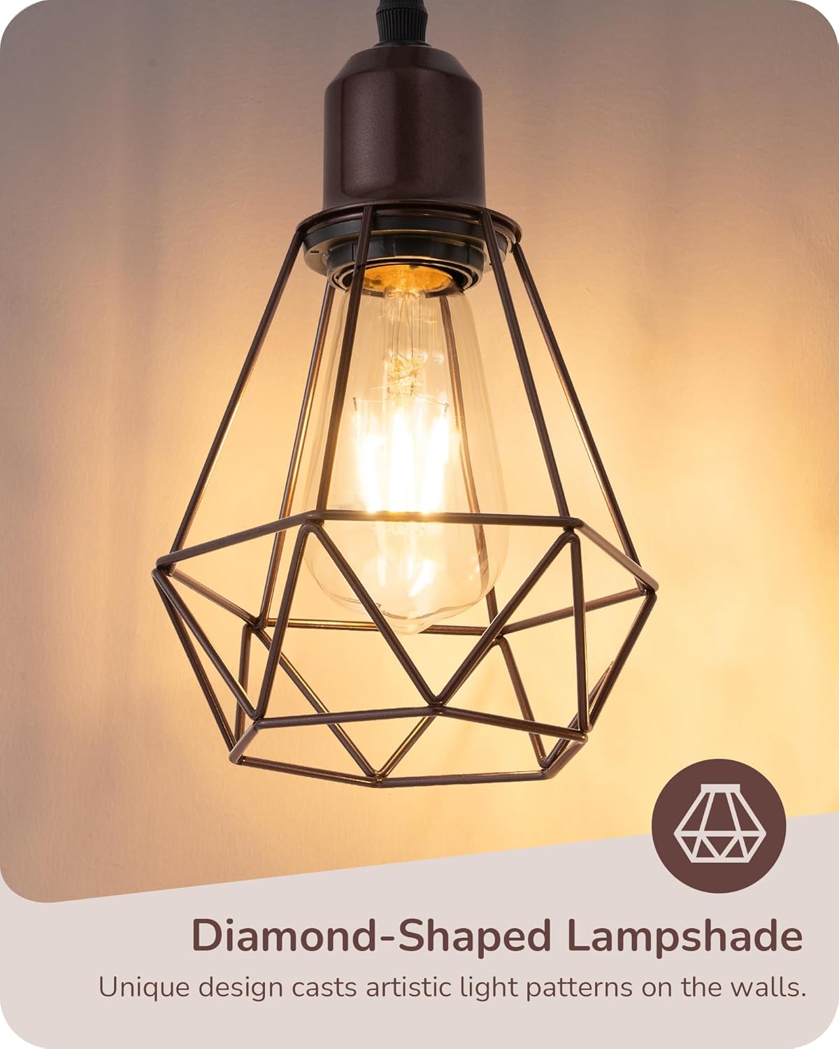 EDISHINE 70IN Industrial Floor Lamps for Living Room, Dimmable Farmhouse Corner Reading Lamp, Diamond-Shaped Lampshade, 3 LED Edison Bulbs Included, Rustic Tree Standing Lamp for Bedroom, Brown