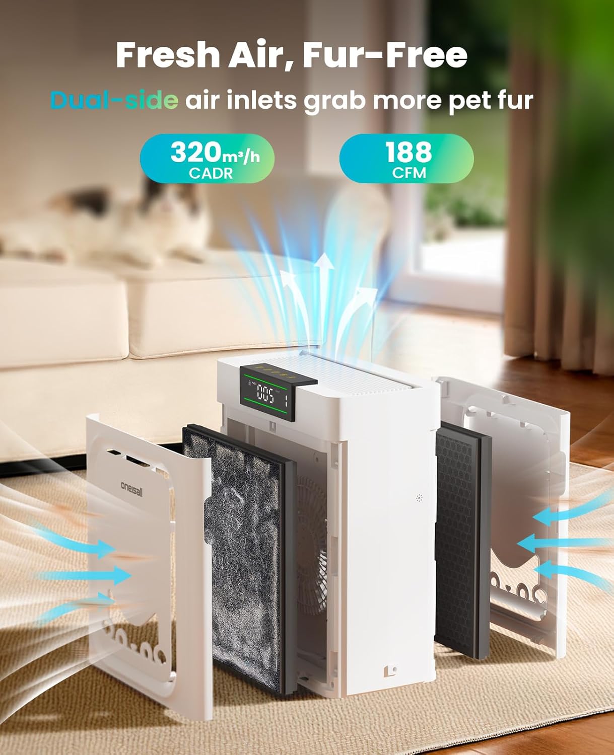 oneisall Air Purifiers for Home Pets with Double-Sided Washable HEPA Filters, Large Rooms Up to 2200Ft², Air Purifier for Dander, Odors, Allergens, Pet Fluff Hairs,Pollutants, Smoke, and Dust, PP02