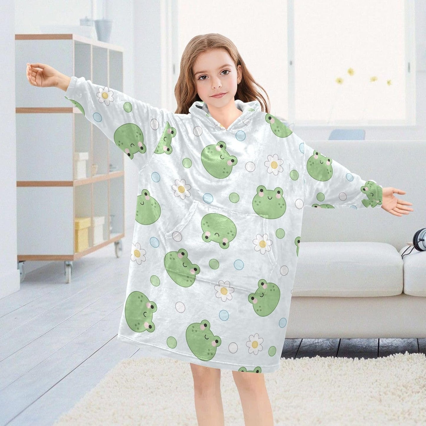 Cartoon Frogs Wearable Blanket Hoodie for Kids Oversized Sherpa Hooded Blanket Cozy Warm Gift