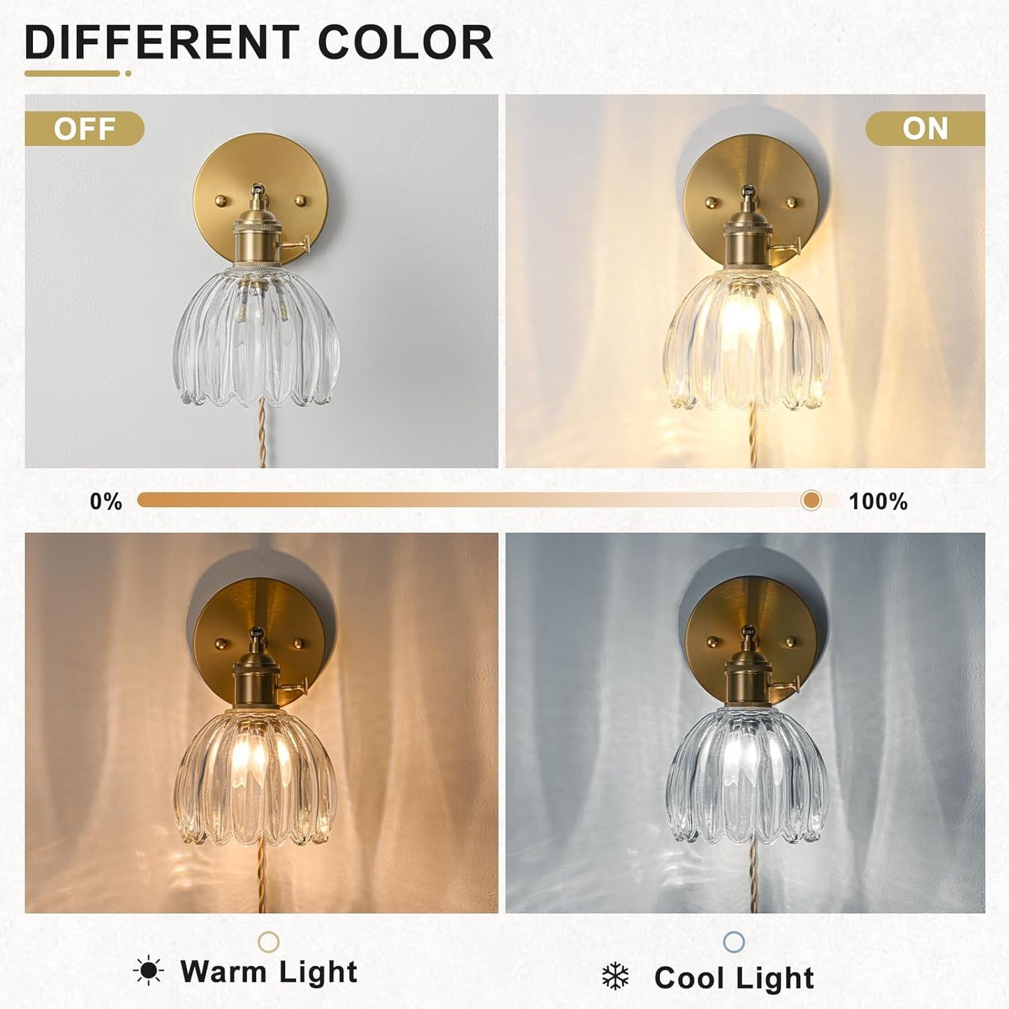 Plug in Wall Sconce, Vintage Sconce Light with Tulip Transparent Glass Lampshade, Bedside Wall Sconce with Switch and Plug in Wall Lamp Cord, Gold Wall Light for Bedroom