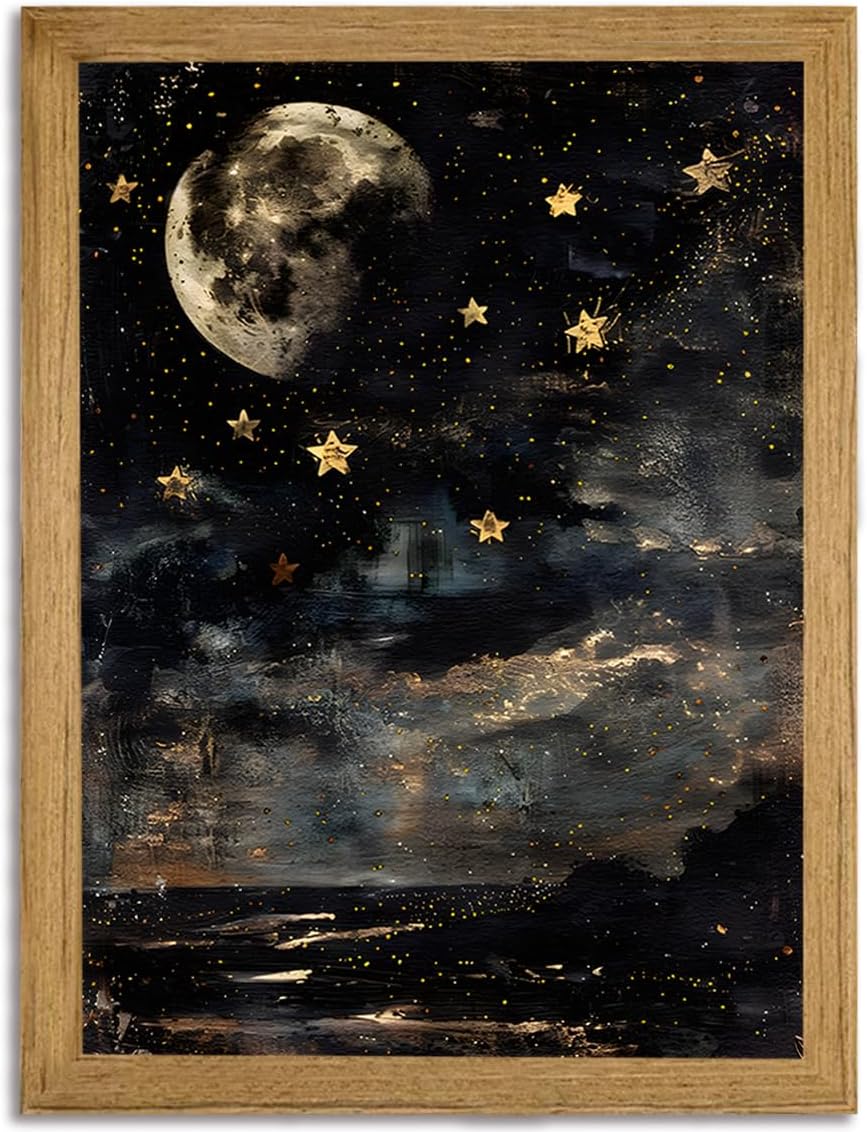 Dark Academia Celestial Canvas Wall Art Vintage Moon and Stars Wall Decor Moody Star Landscape Painting Artwork for Bedroom Living Room 8x10 Inch Wood Framed