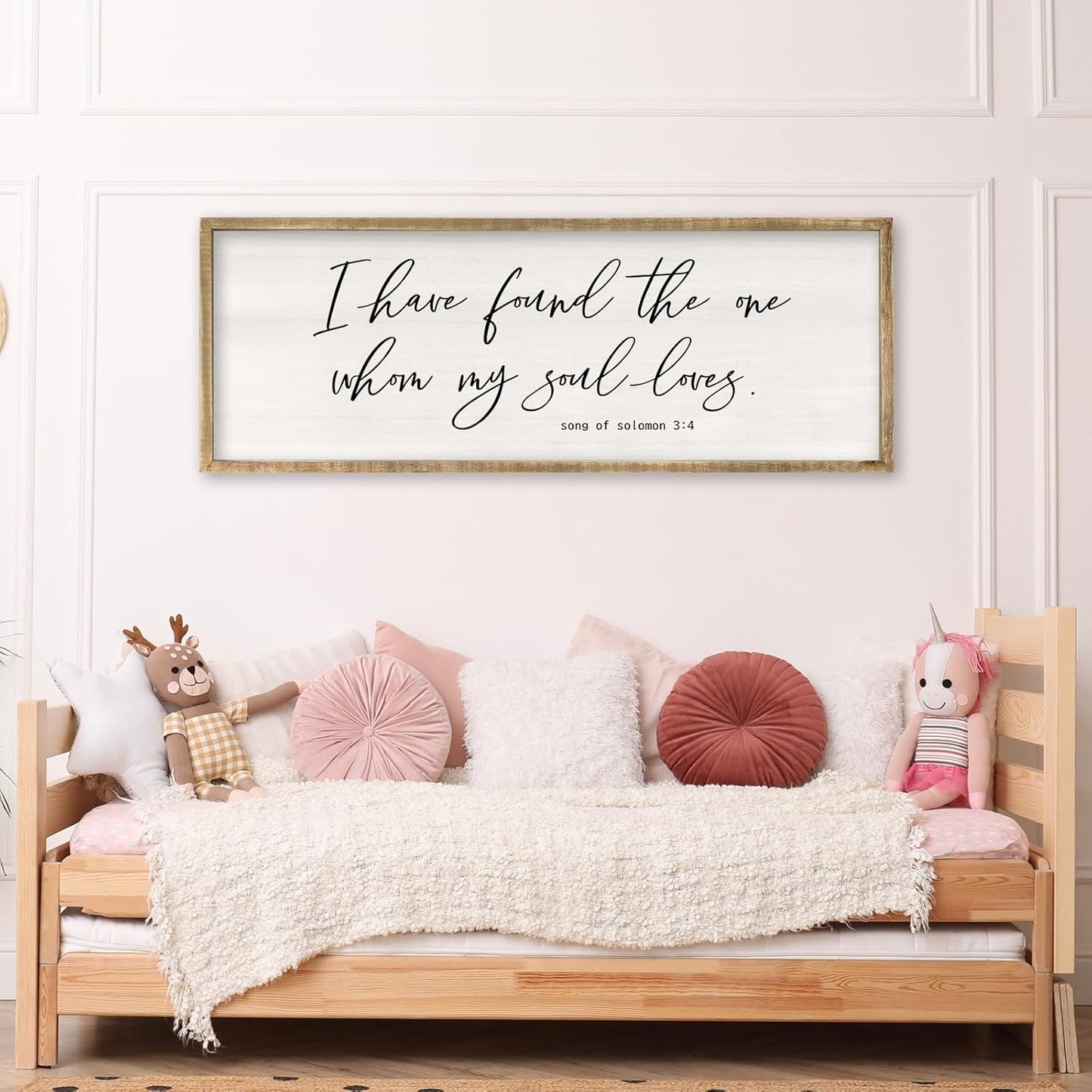 RLWangChao Inspirational Christian Wall Decor I Have Found the One Whom My Soul Loves Sign 32×12 Inch Song of Solomon 3:4 for Master Bedroom Above Over Bed Large Wood Framed Wall Hanging Art (Wood)