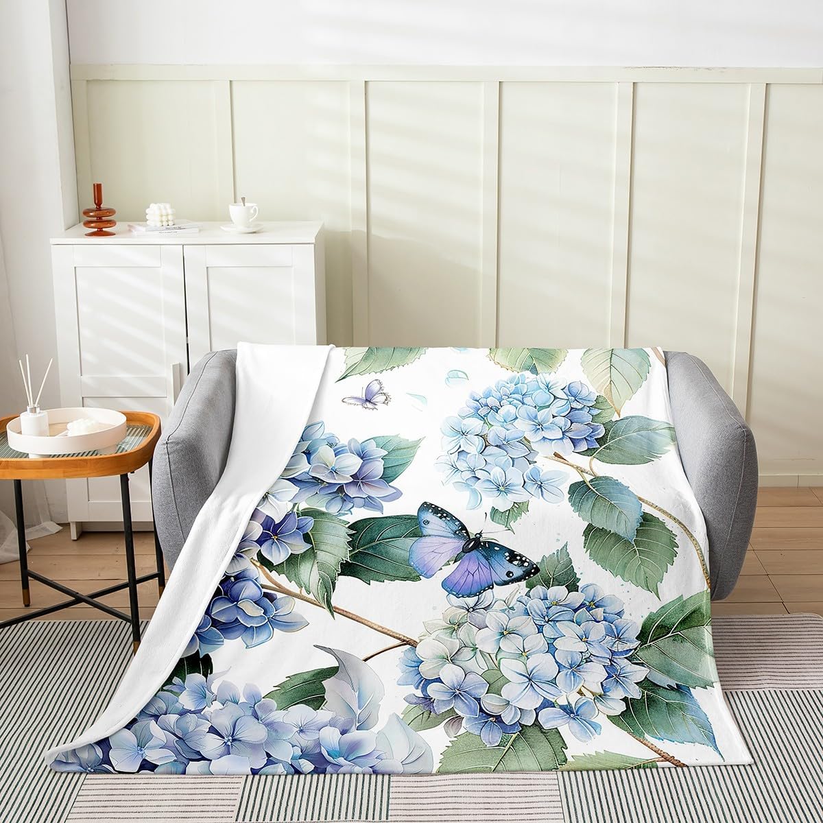 Erosebridal Girls Ombre Floral Throw Blanket Queen 90x90,Blue Hydrangea Flowers Fleece Blanket,3D Butterflies Blanket,Summer Garden Rustic Theme Flannel Blanket,Luxury Soft