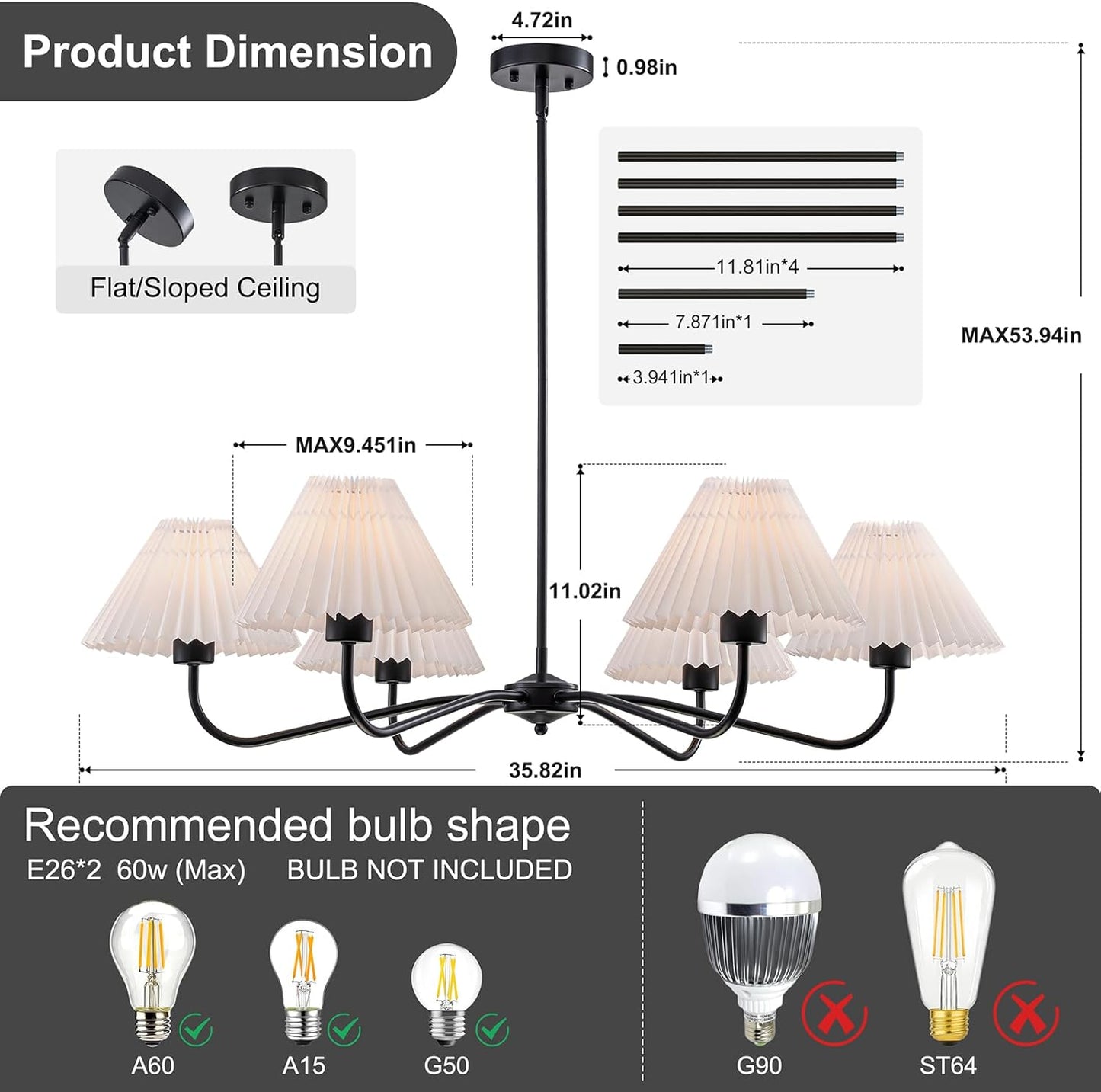 35.8'' Modern Farmhouse Chandelier with White Pleated Fabric Shades, 6-Light Black Hanging Pendant Light Fixture for Dining Living Room Kitchen Island Bedroom Foyer E26 Base