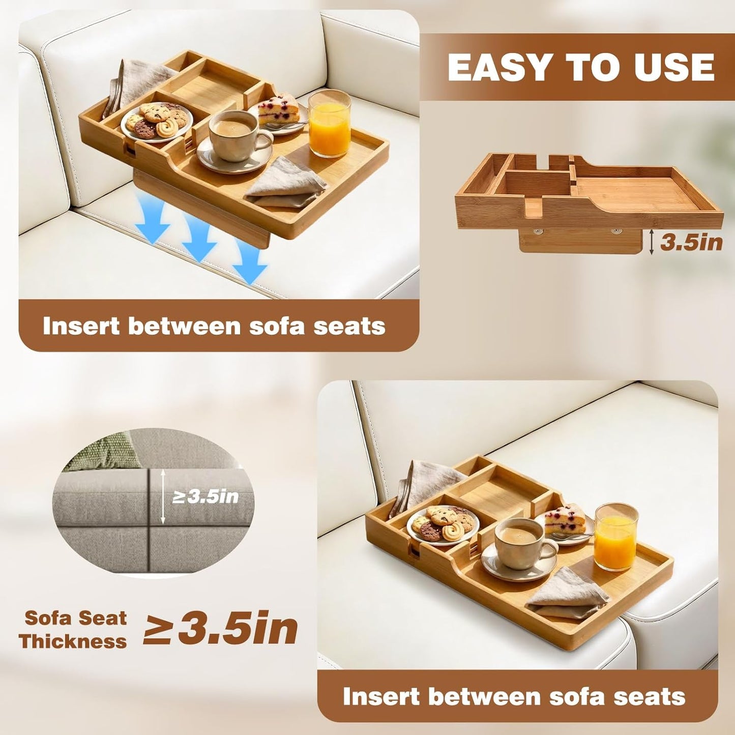 Couch Tray Insert for Middle, Bamboo 15.4″x9.7″ Sofa Cup Holder Between Cushions, 2-in-1 Fold-Flat Couch Arm Tray Table, Fits Armless Couch Sectional, Drink Snack Remote Organizer