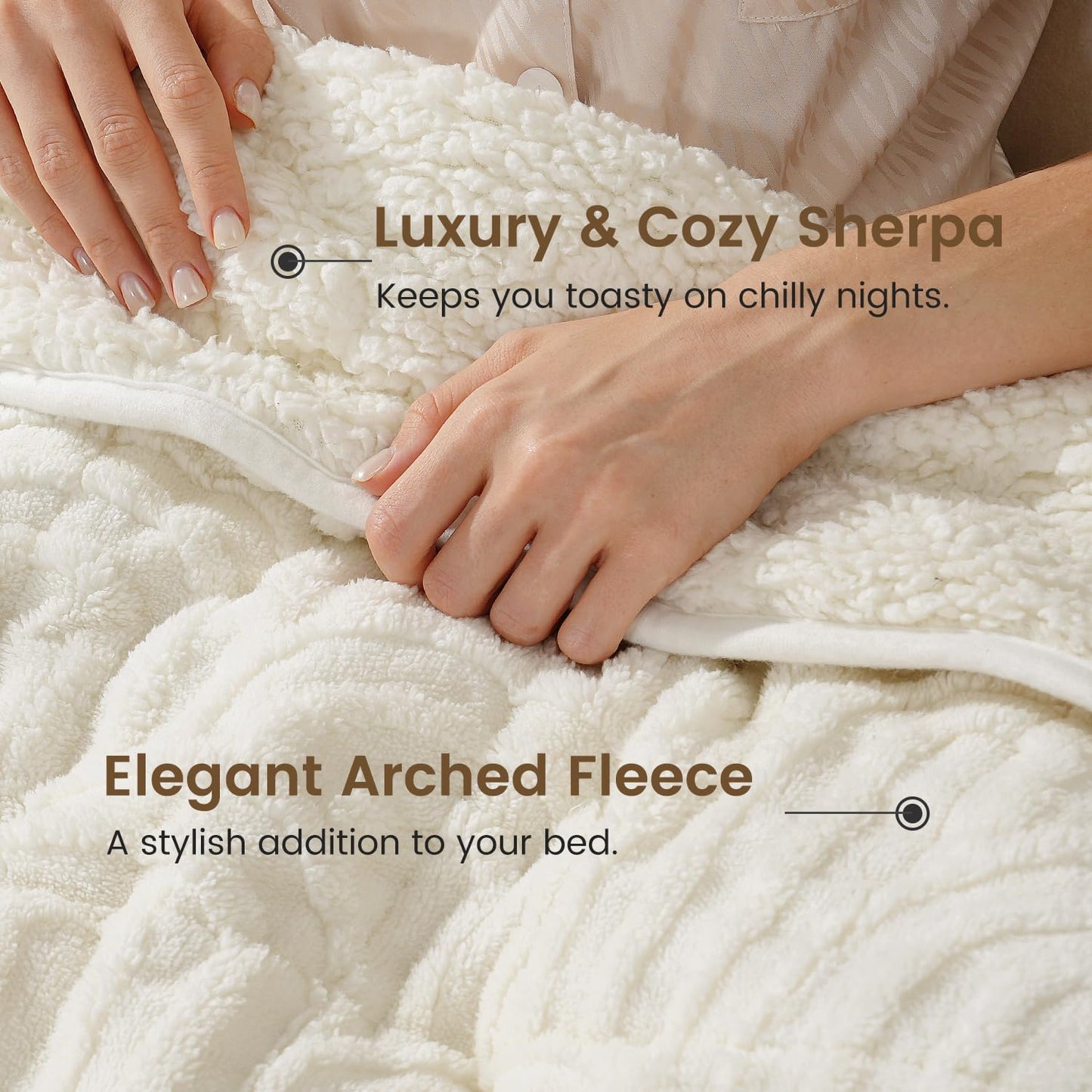 Sherpa Fleece Adult Weighted Blanket Great for Sleep, 15 lbs Dual Sided Soft Fuzzy Heavy Blankets for Couch Bed Sofa, Cozy Warm Arched Jacquard Throw for Winter (Cream White, 60" x 80", 15 Pounds)