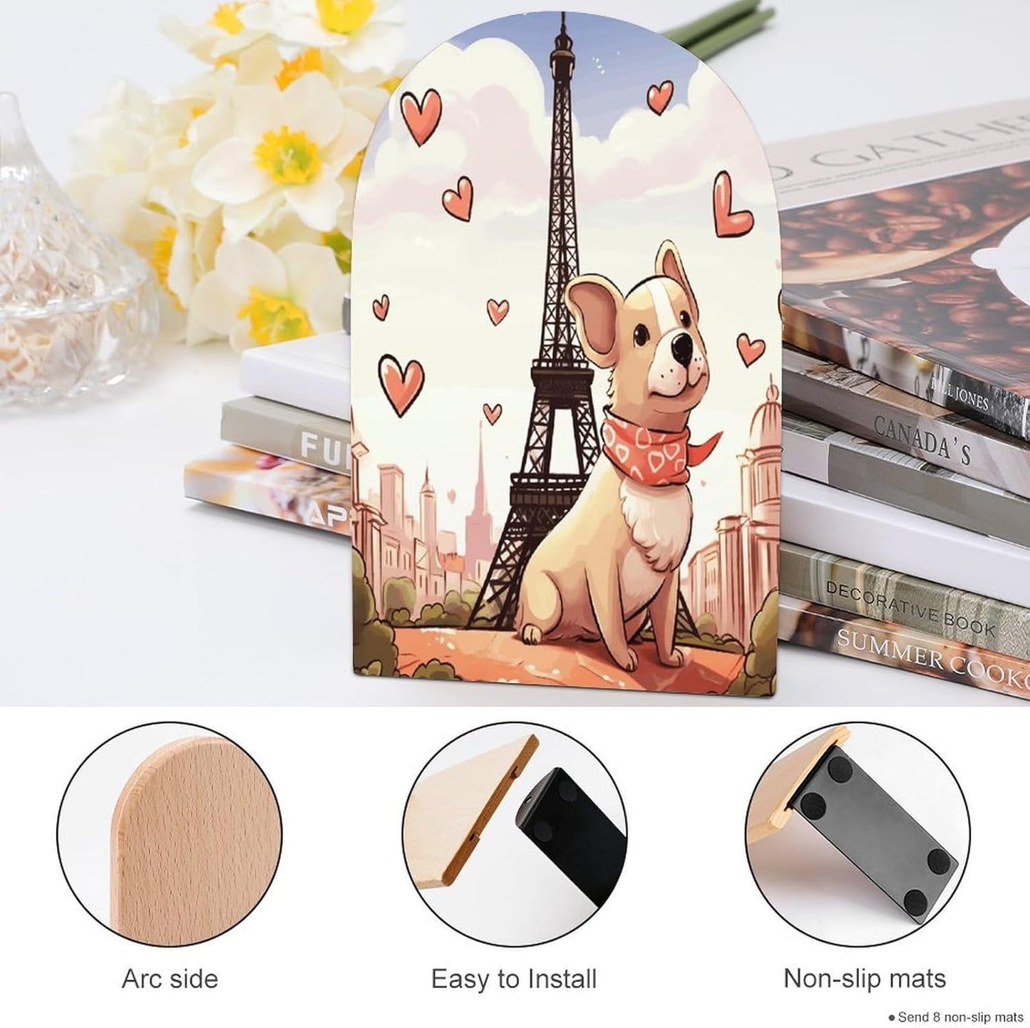 Dog and Eiffel Tower Bookend for Shelves Wooden Book End Large Size Sturdy Book Holders Stoppers with Metal Base for Bookshelves Slick Decorative Bookends Stands