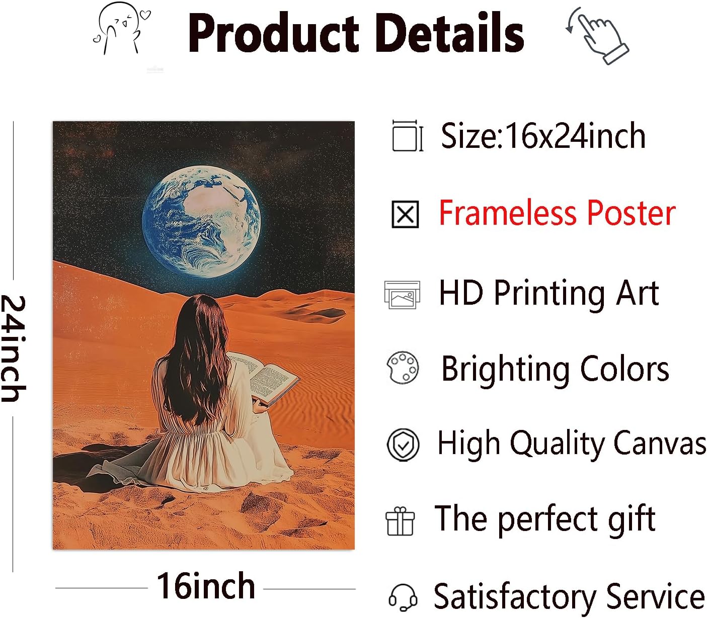 Vintage 70s Wall Art Woman Reading Book Canvas Retro Surreal Collage Poster Trippy Alien Wall Art Vintage Bar Cart Pictures Egoless Aesthetic Posters Retro Trendy Woman Moon Print 16x24inch No Frame