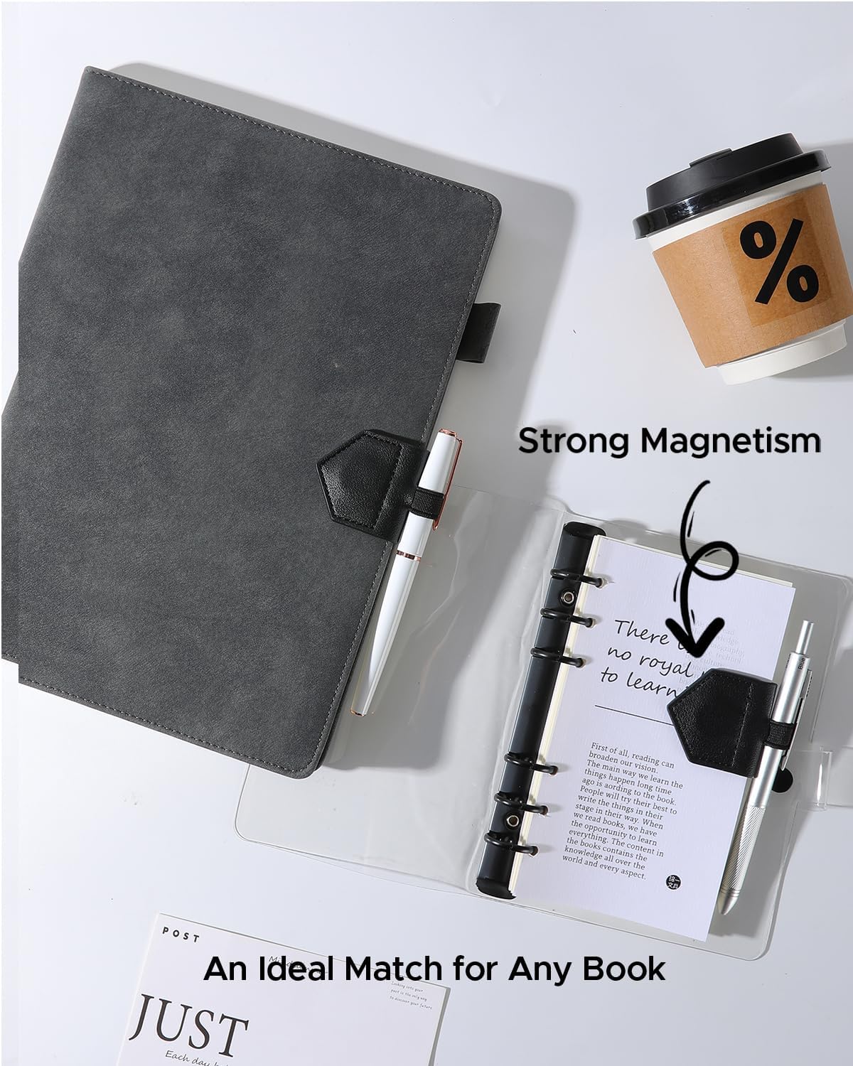Magnetic Leather Bookmarks with Pen Holder Vegan Leather Book Marks Gifts for Reading Book Lovers Notebook Travelers (Black-2PC)