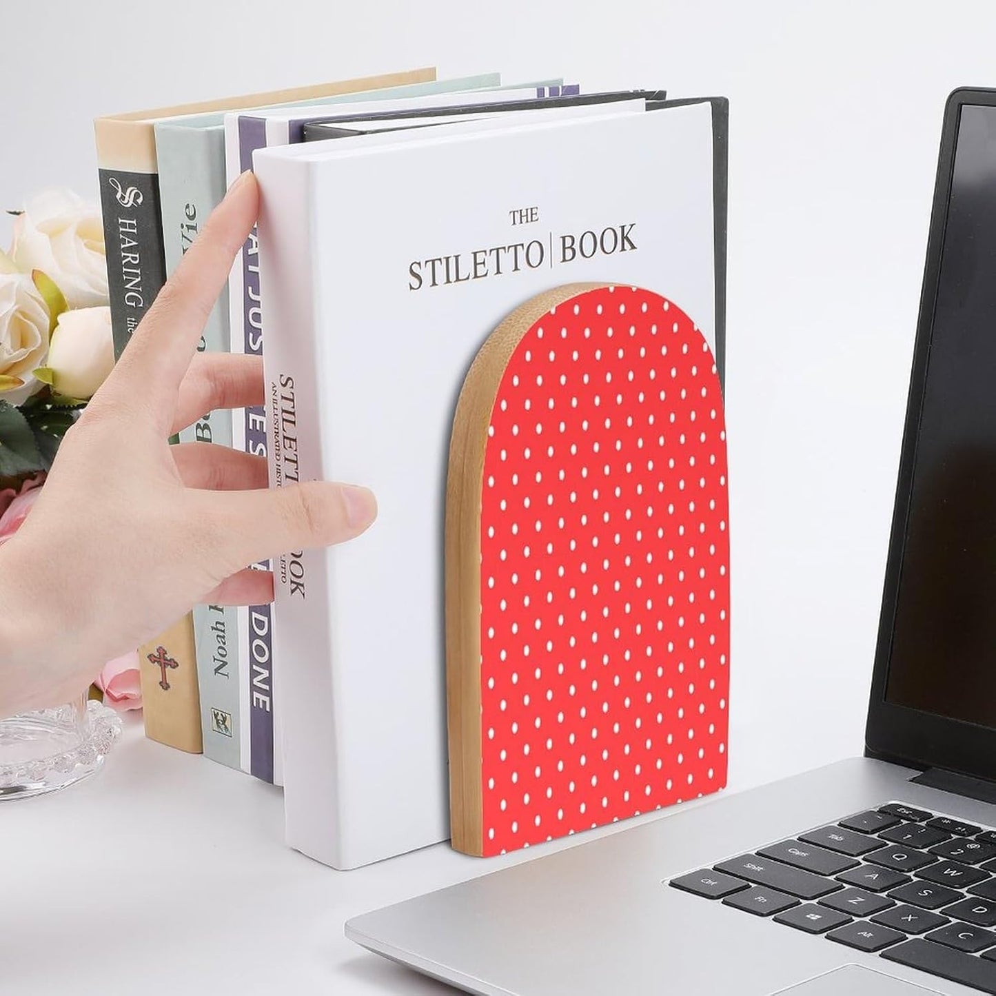 Red and White Polka Dots Wooden Bookend Non-Slip Book Ends Heavy Duty Book Stopper with Metal Base Books Holderd Decorative Bookends Stands Firmly for Office Supplies