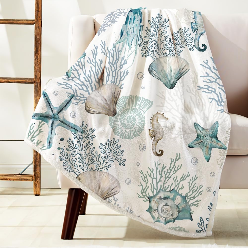 Nautical Beach Throw Blanket, Summer Coastal Ocean Themed Blankets for Adults Kids Woman, Sea Starfish Seashell Coral Teal Throws Blankets for Couch Bed Room Sofa Decor,50X60IN