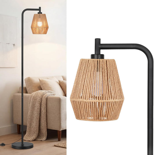 Rattan Floor Lamps for Living Room,Boho Floor Lamp with 3 Color Temperatures,Farmhouse Standing lamp with Hand-Worked Wicker shade,Black tall light for Bedroom,Office,Corner(9W LED Bulb Included)