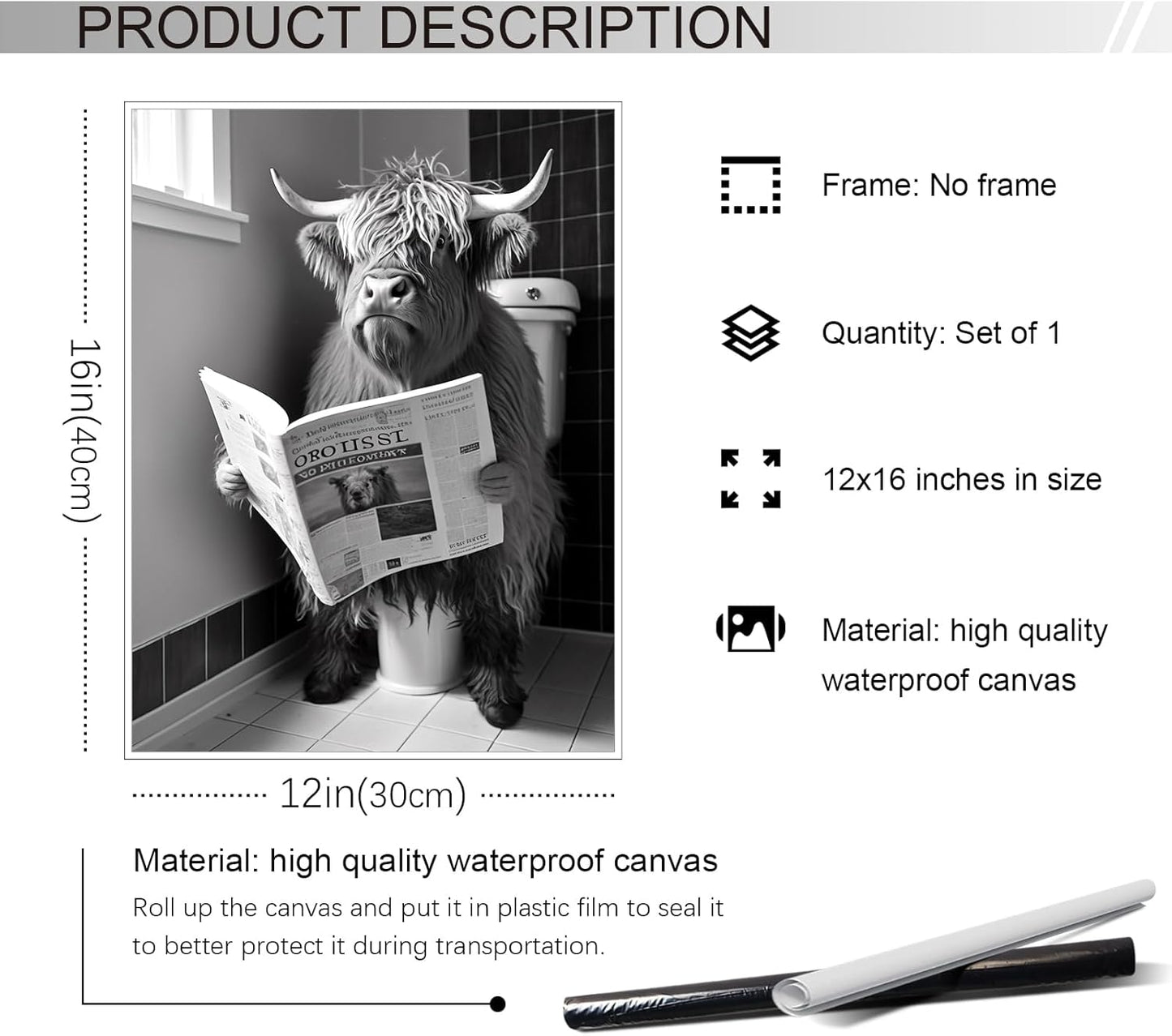 Yaasilinage Highland Cow Canvas Wall Art, Cow Sitting on The Toilet Reading Newspaper Print Poster, Funny Animal Bathroom Pictures for Toilet Guest Room Wall Decor 12x16in Unframed