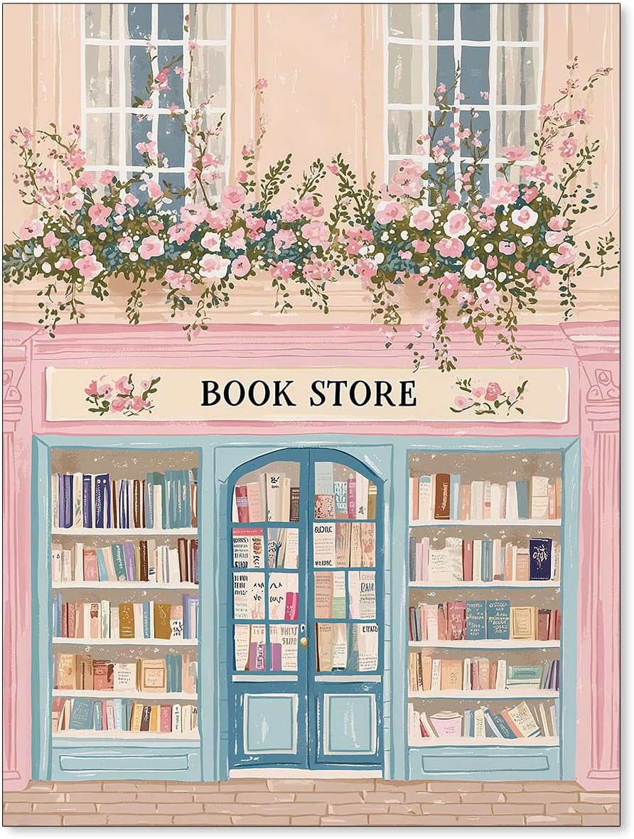 Pink Floral Book Store Canvas Poster Bookish Reading Aesthetic Wall Art Trendy Preppy Painting Prints for Study Room Library Wall Decor 12x16 inch Unframed