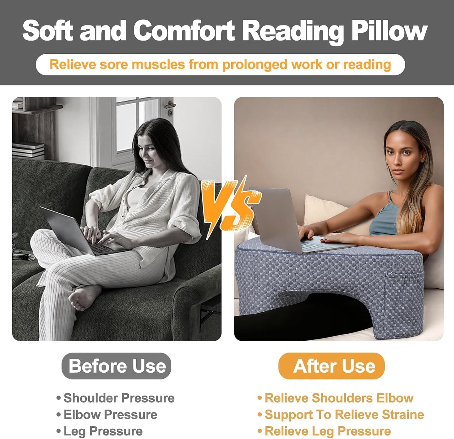 Reading Pillow with 2 Side Pockets,Arm Rest Pillow for Loptop,Memory Foam Reading Pillows for Gaming,Working, Crocheting,Removable and Washable Cover,Unique 3-Leg Design for Enhanced Stability