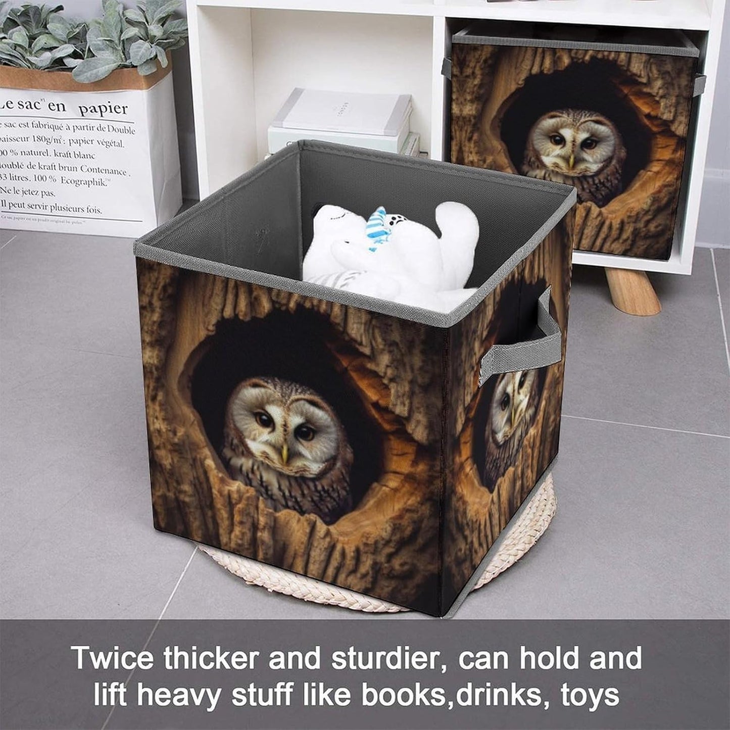 Owl Tree Hole Storage Bins with Handles Fashion Large Storage Cubes Sturdy Foldable Storage Boxes Space-Saving Storage Baskets for Home Office Clothes Closet Organizers