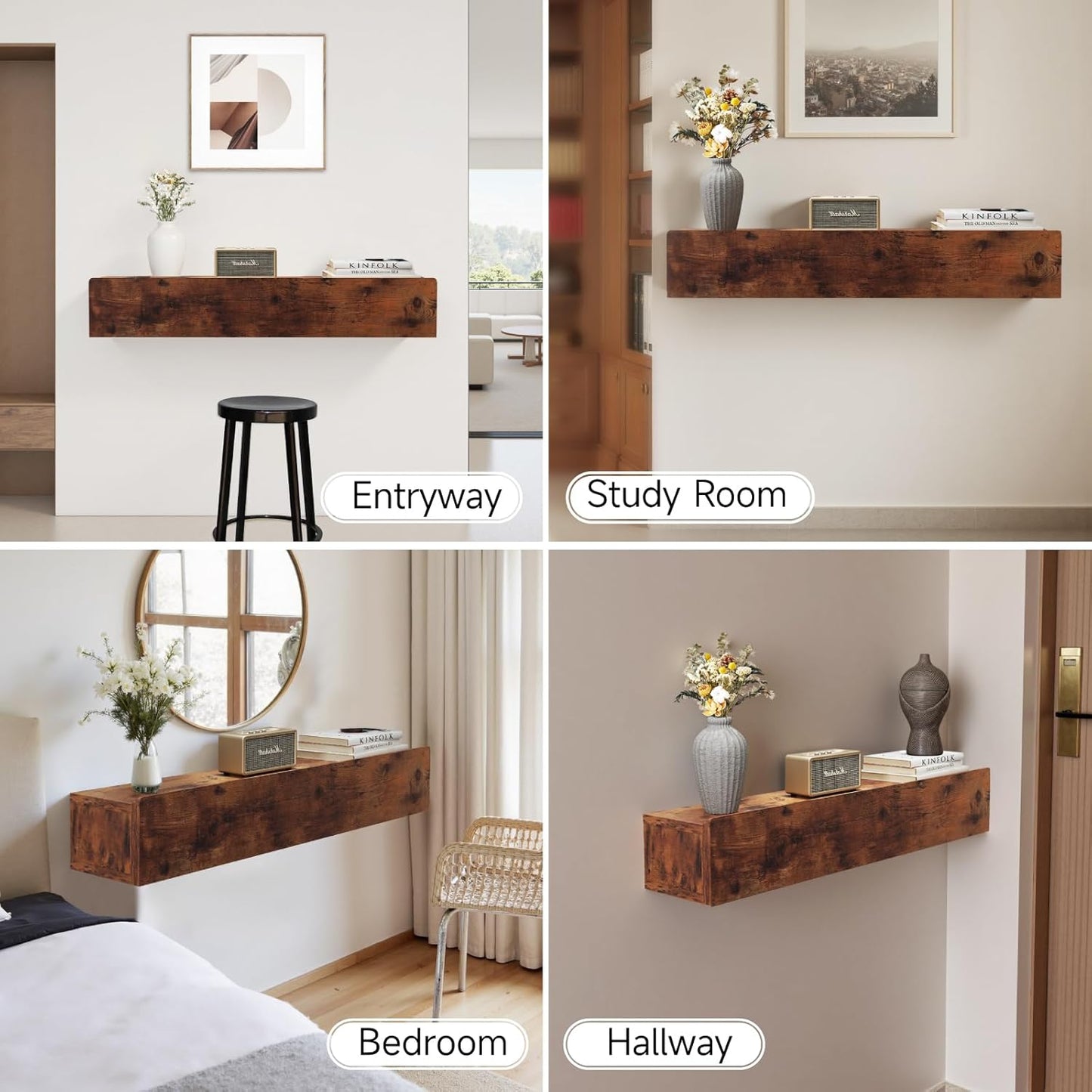 Floating Solid Wood Console Table, 32'' Wall Mounted Narrow Entryway Table with Storage Shelf, Modern Couch Shelves Small Entry Way Tables for Entryway, Front Hall, Hallway (Rustic Brown)