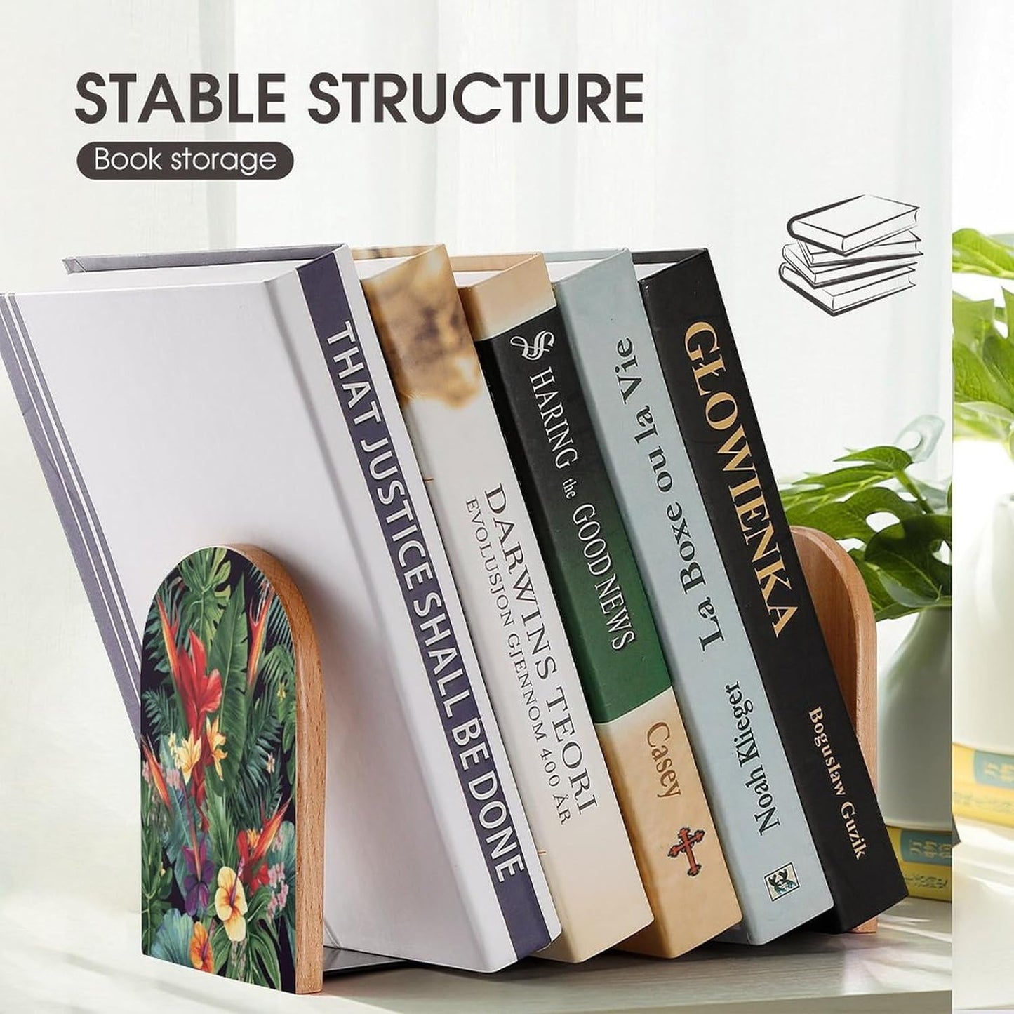 Tropical Plant Flowers Bookends 1 Pair Heavy Duty Book Ends for Shelves Non-Skid Bookend Supports Wooden Book Holders with Metal Base Desk Organizers Books Storage to Hold Books