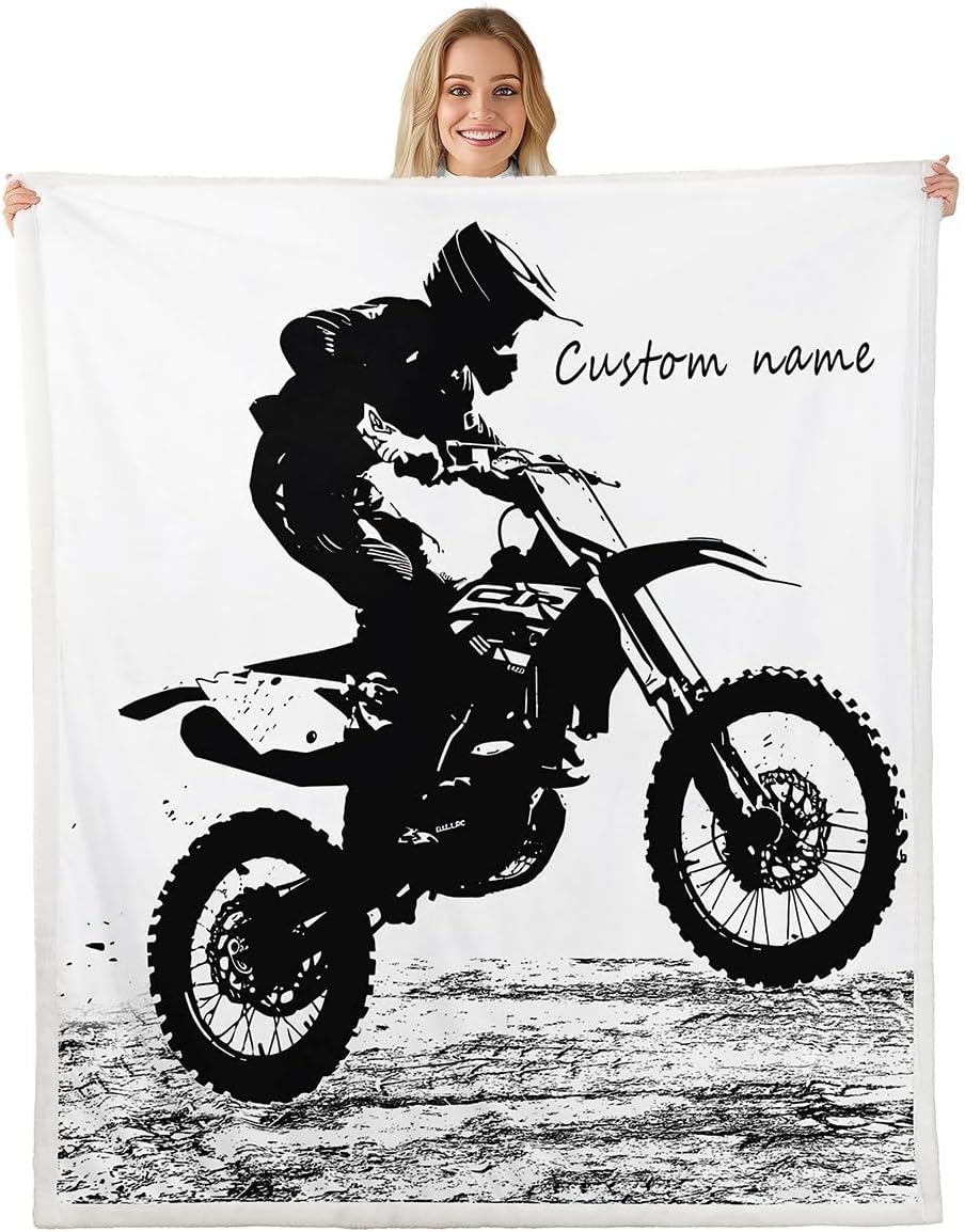 Erosebridal Teens Dirt Bike Fleece Blanket Throw Size, Motocross Rider Custom Name Sherpa Blanket for Kids Boys Adult Men, Motorbike Extreme Sport Throw Blanket, Motorcycle Grunge Plush Bed Blanket