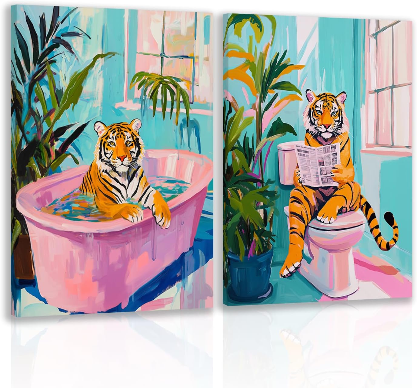 Funny Bathroom Pink Tiger Wall Art, Cute Tiger Reading Newspaper On The Toilet, Whimsical Animal Poster Prints for Restroom Bathroom, Set Of 2, 16x24 In