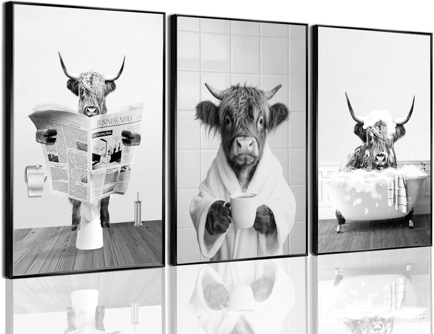 3pcs Funny Highland Cow Bathroom Wall Art Black and White Animal Poster Prints Newspaper Reading Bathtub Highland Cow Pictuer Painting Rustic Farmhouse Bathroom Wall Decor（16×24in Unframed）