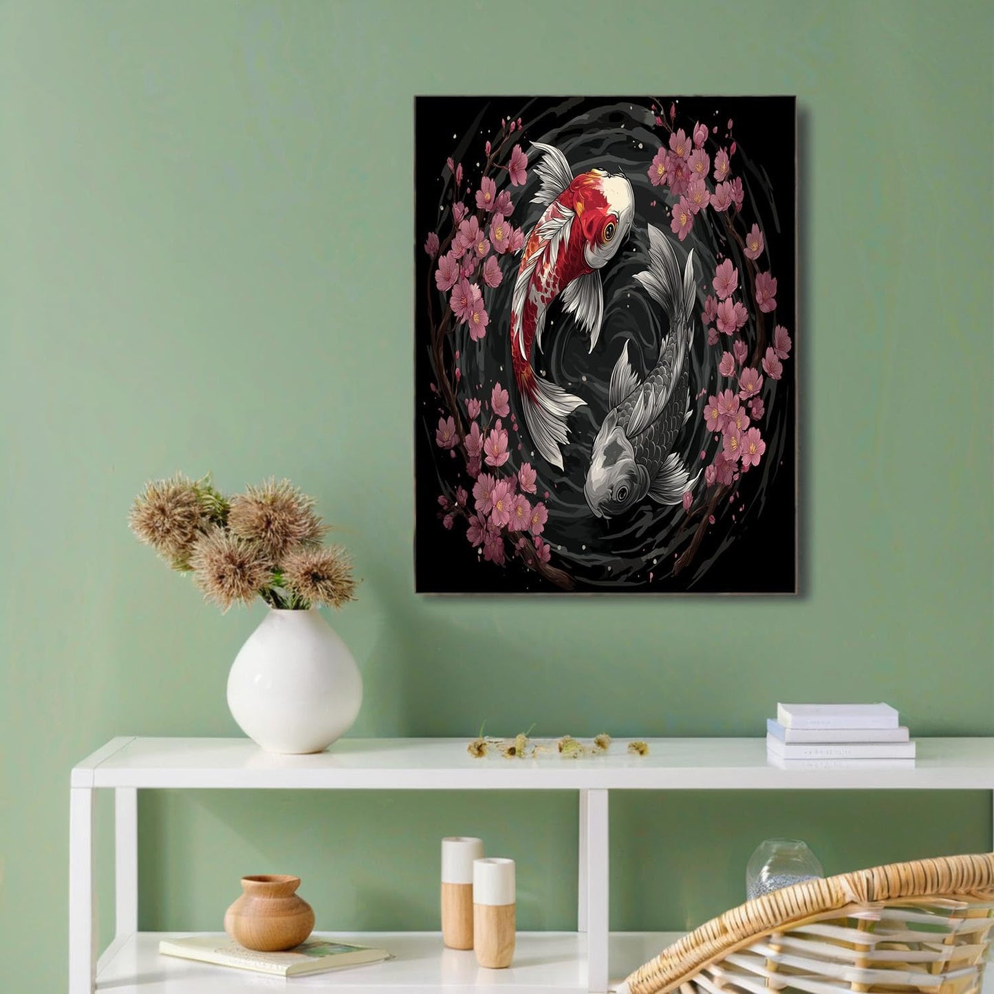 GDJSMIN Japanese Tattoo Aesthetics Wall Art, Yin And Yang Koi Cherry Blossoms Poster for Reading Room Living Room Decor 12x 16 inch Unframed