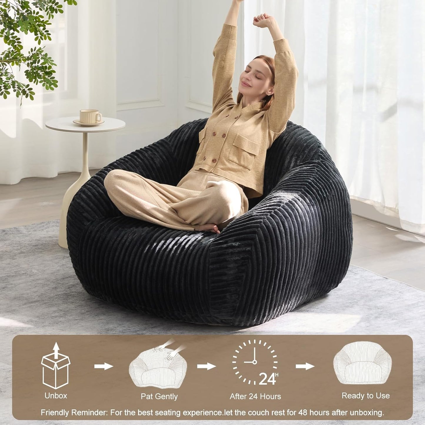 HUGHEAVEN Giant Bean Bag Chair for Adults & Kids, Comfy Big Bean Bag Couch with Armrests, Cozy Large Reading Chair with Back Support, Oversized Sofa for Bedroom, Living Room or Lounge, Black