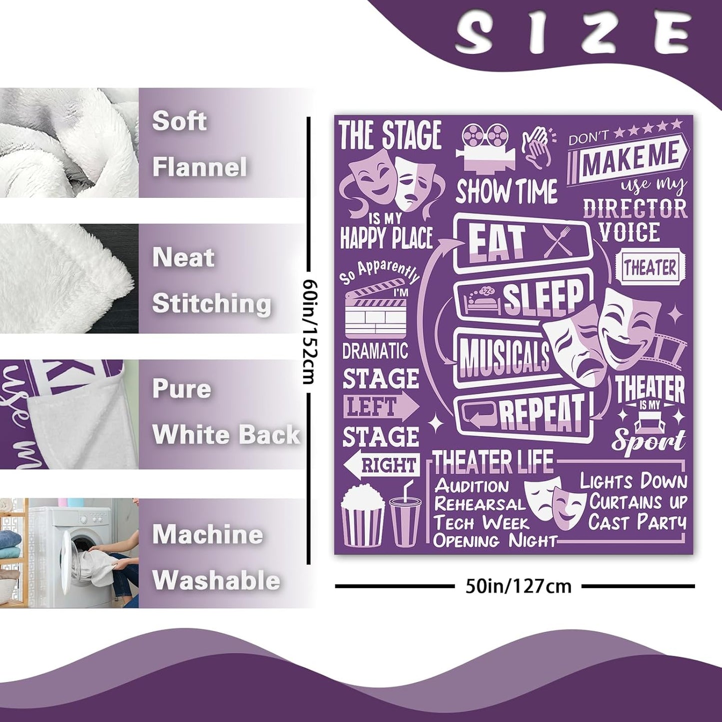Theater Gifts Flannel Throw Blanket, Eat Sleep Musicals Repeat Present for Broadway Theatre Lover Actor, Birthday Ideas for Women Girl Boy, Soft Blankets for Bedding Sofa 50"x60"