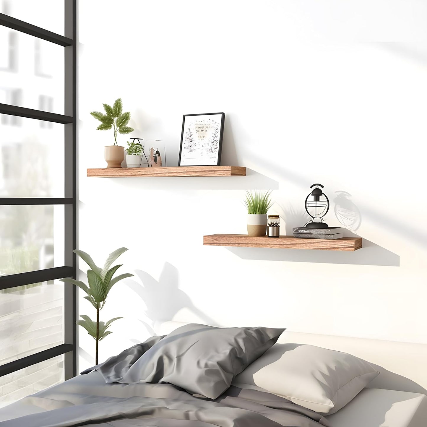PHPH Wood Floating Shelves for Wall, Wooden Wall Shelves for Bedroom, Set of 6 Light Brown 17 Inch