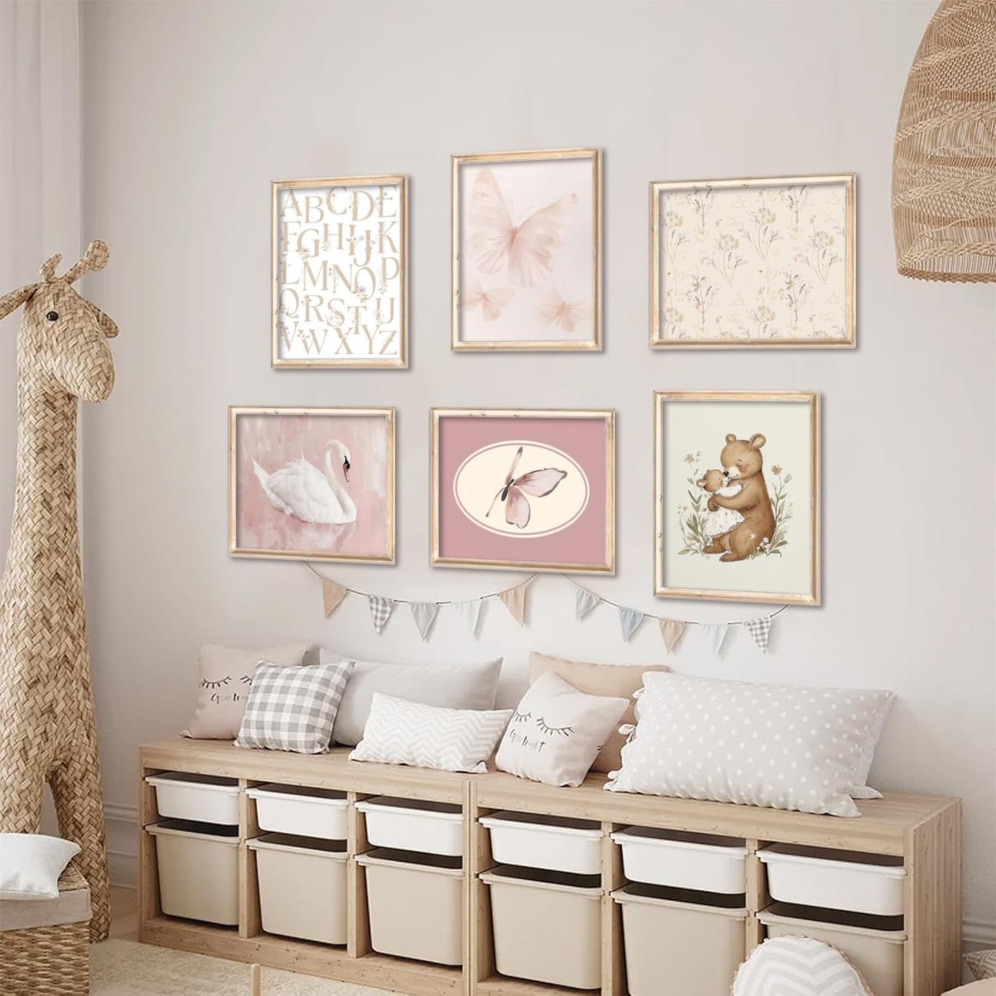 Coquette Girl Nursery Wall Art White Swan Preppy Painting Pink Butterfly Floral Pictures Aesthetic Canvas Posters Vintage Nursery Artwork for Girls Room Bedroom College Dorm 8x10 Inch Unframed