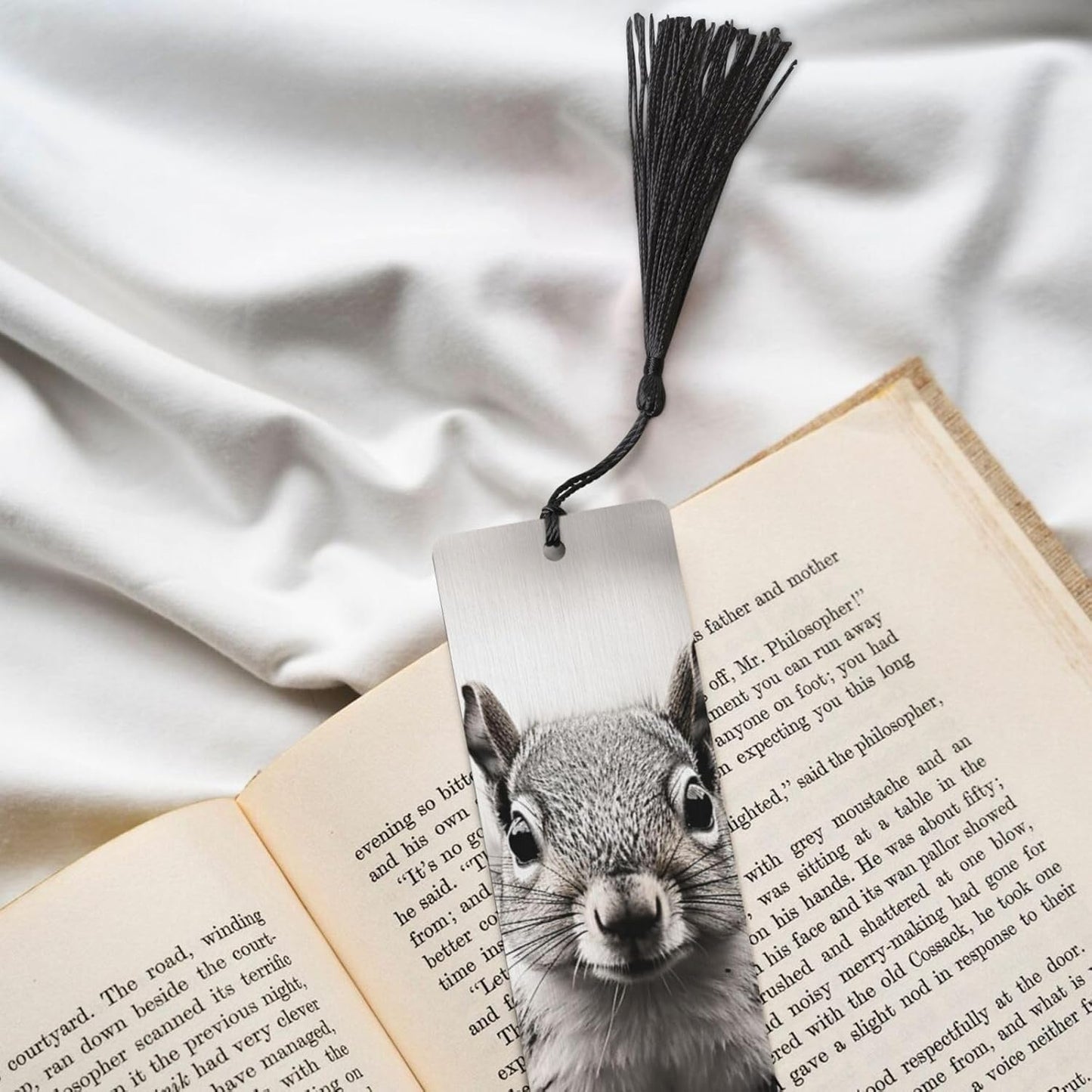 Light Gray Squirrel Bookmarks Gifts for Women Men, Wooden Bookmarks for Book Lovers, Vintage Book Marks Ornaments with Tassel, Unique Personalized Reading Page Markers Black
