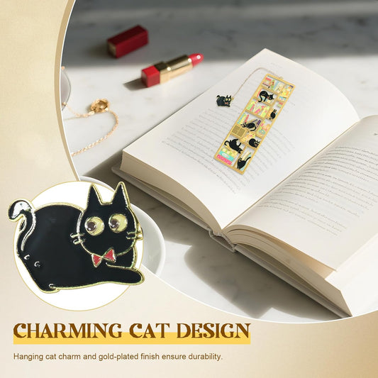 Black Cat Bookmark with Charm - Metal Book Markers for Cat Lovers, Comes with Storage Box | Lightweight, Durable Reading Accessories & Gift for Bookworms, Teachers, Readers