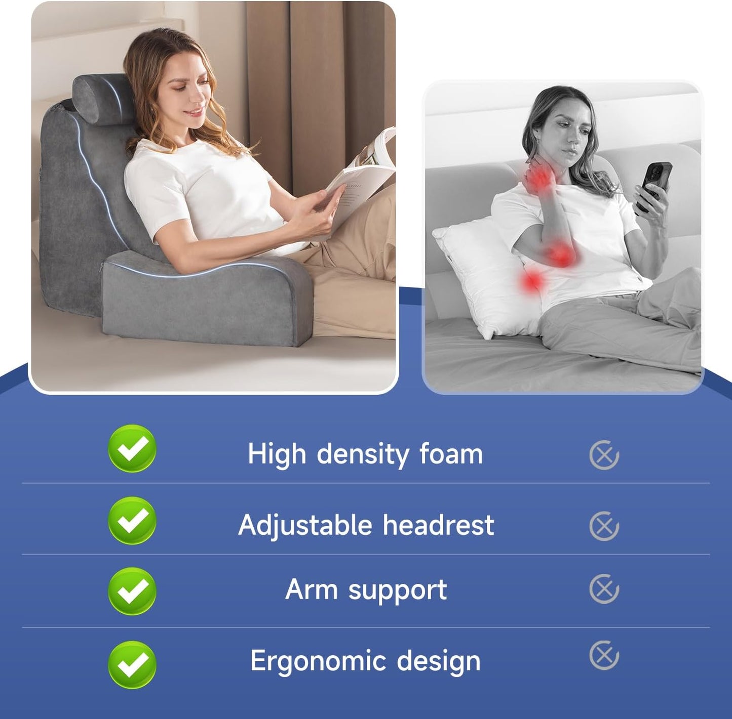 SofGlowly Reading Pillow for Sitting in Bed Adult, Back Support Pillow for Bed Sitting up with Arm Rest,Bed Rest Pillows for Watching TV/Reading/Gaming/Resting in Beds, Couch or Floor, Medium 19" Gray