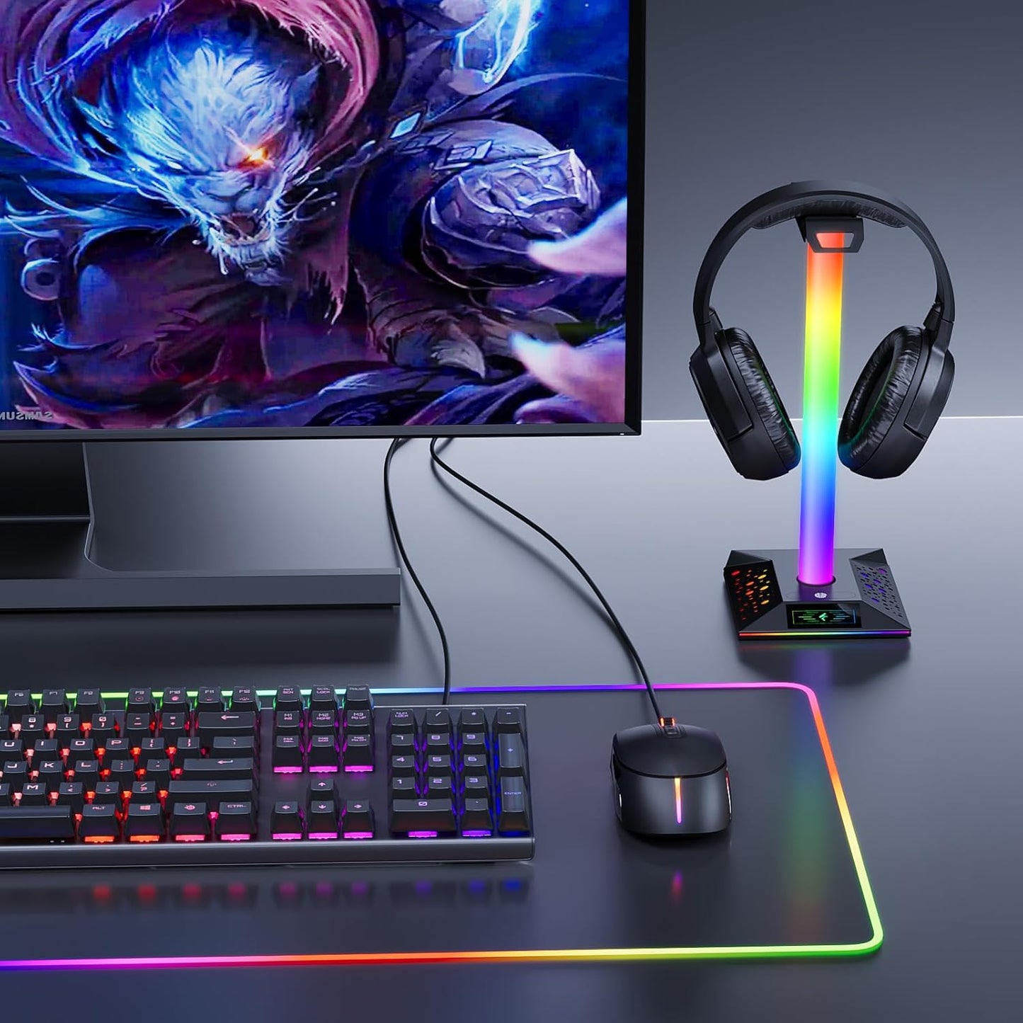 Gaming Headphone Stand PC Accessories - RGB Headset Stand with 2 USB Charger, Cool LED Headphone Holder PC Gaming Accessories for Boys Men Gamers, Computer Game Hardware for Desk